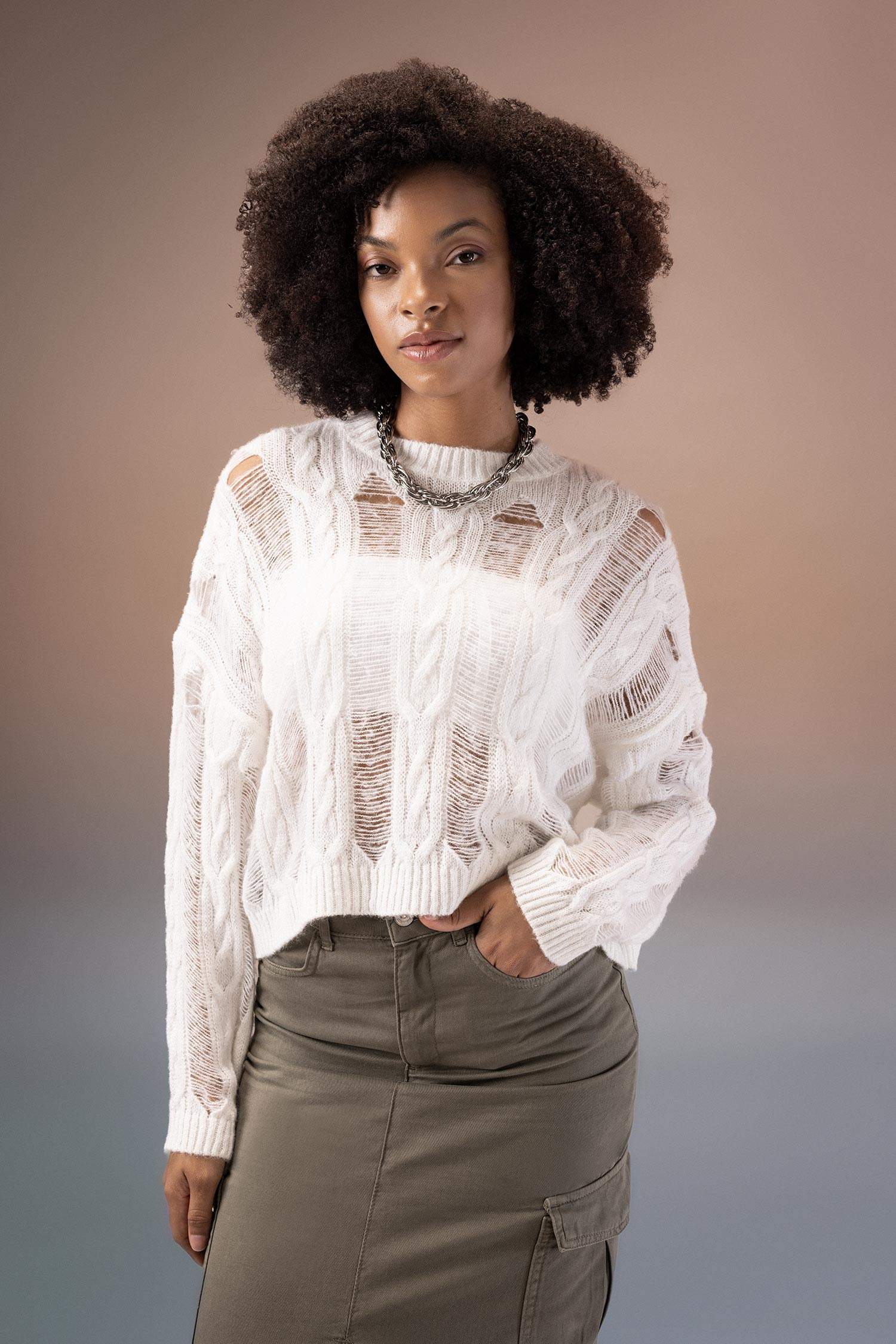 Crew Neck Openwork Pullover