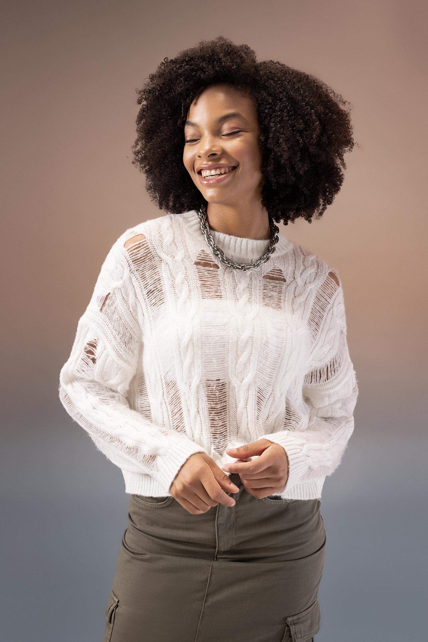 Crew Neck Openwork Pullover