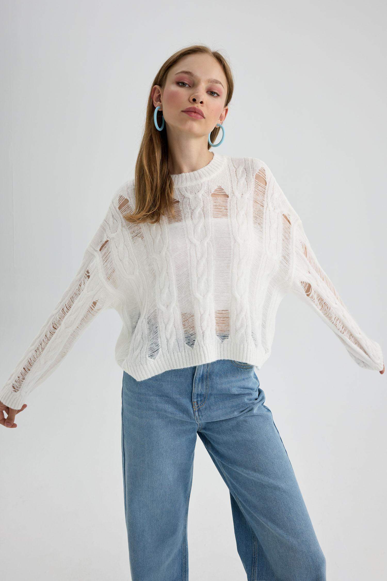 Crew Neck Openwork Pullover