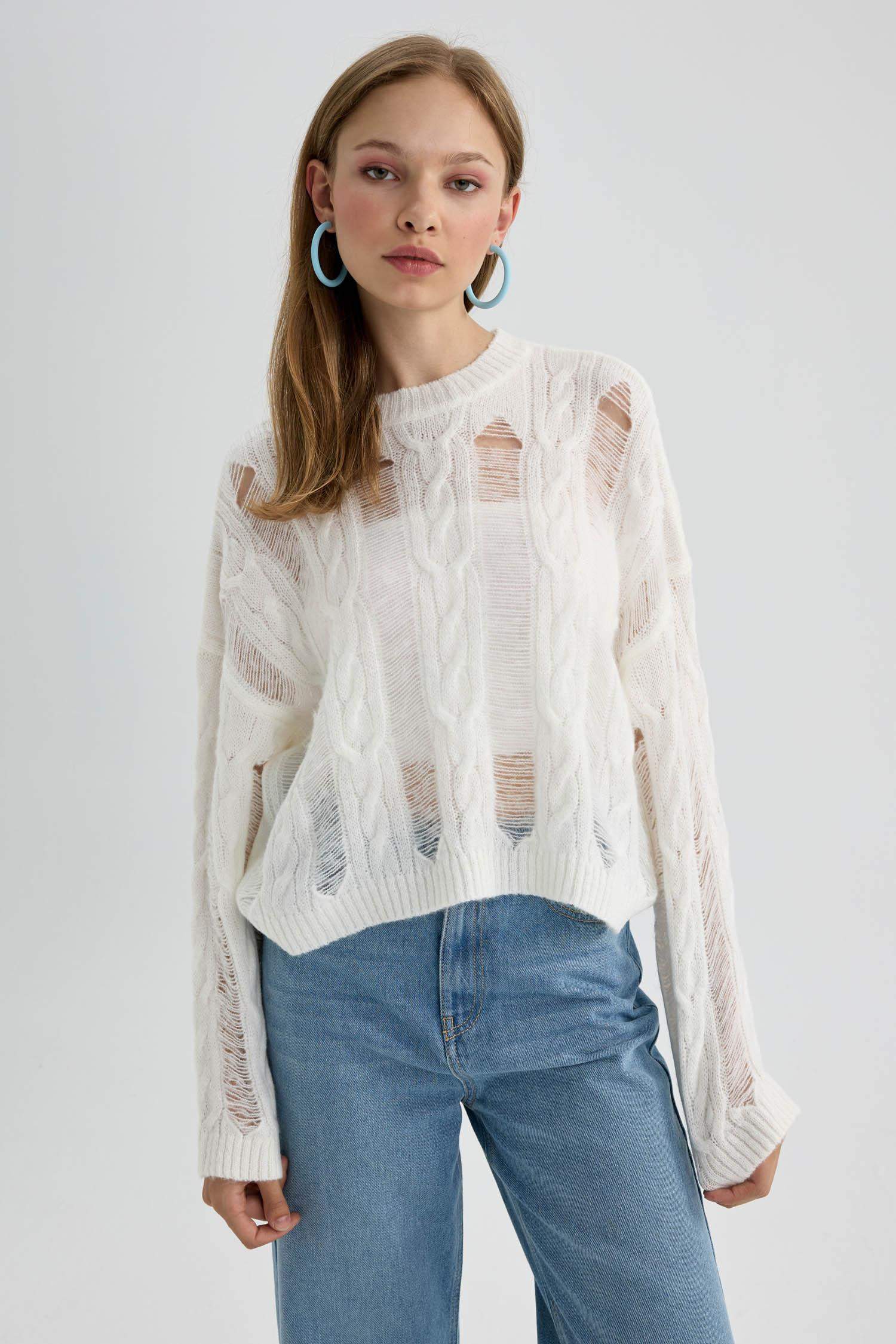 Crew Neck Openwork Pullover