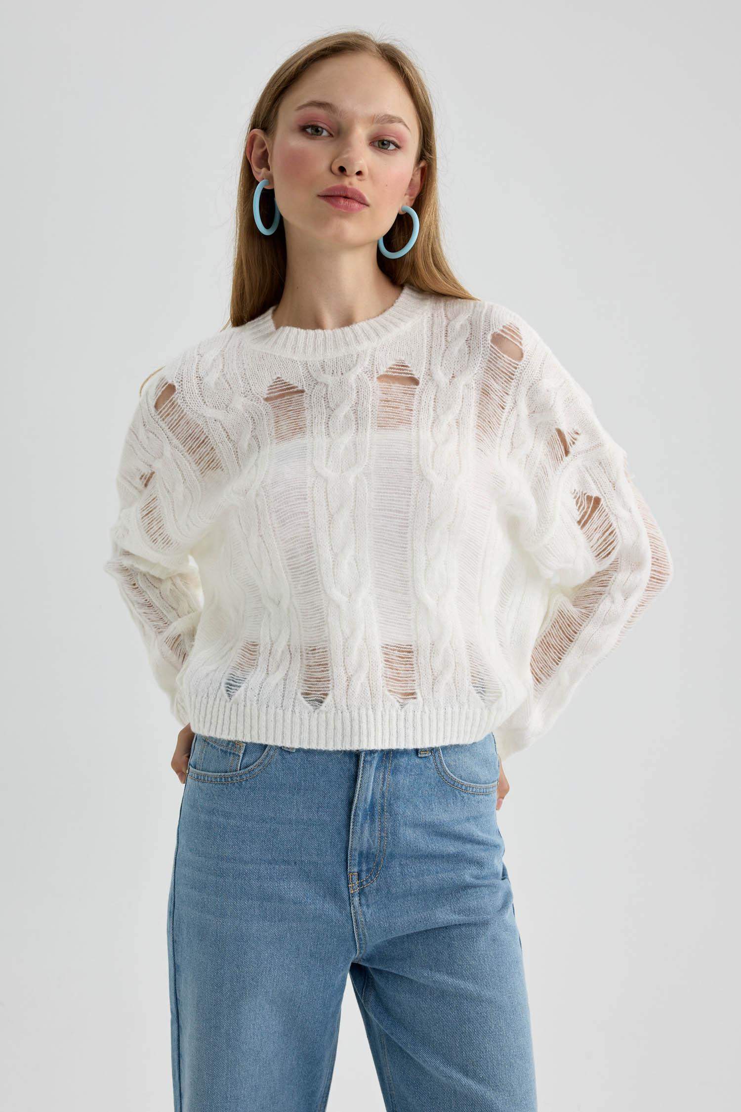 Crew Neck Openwork Pullover