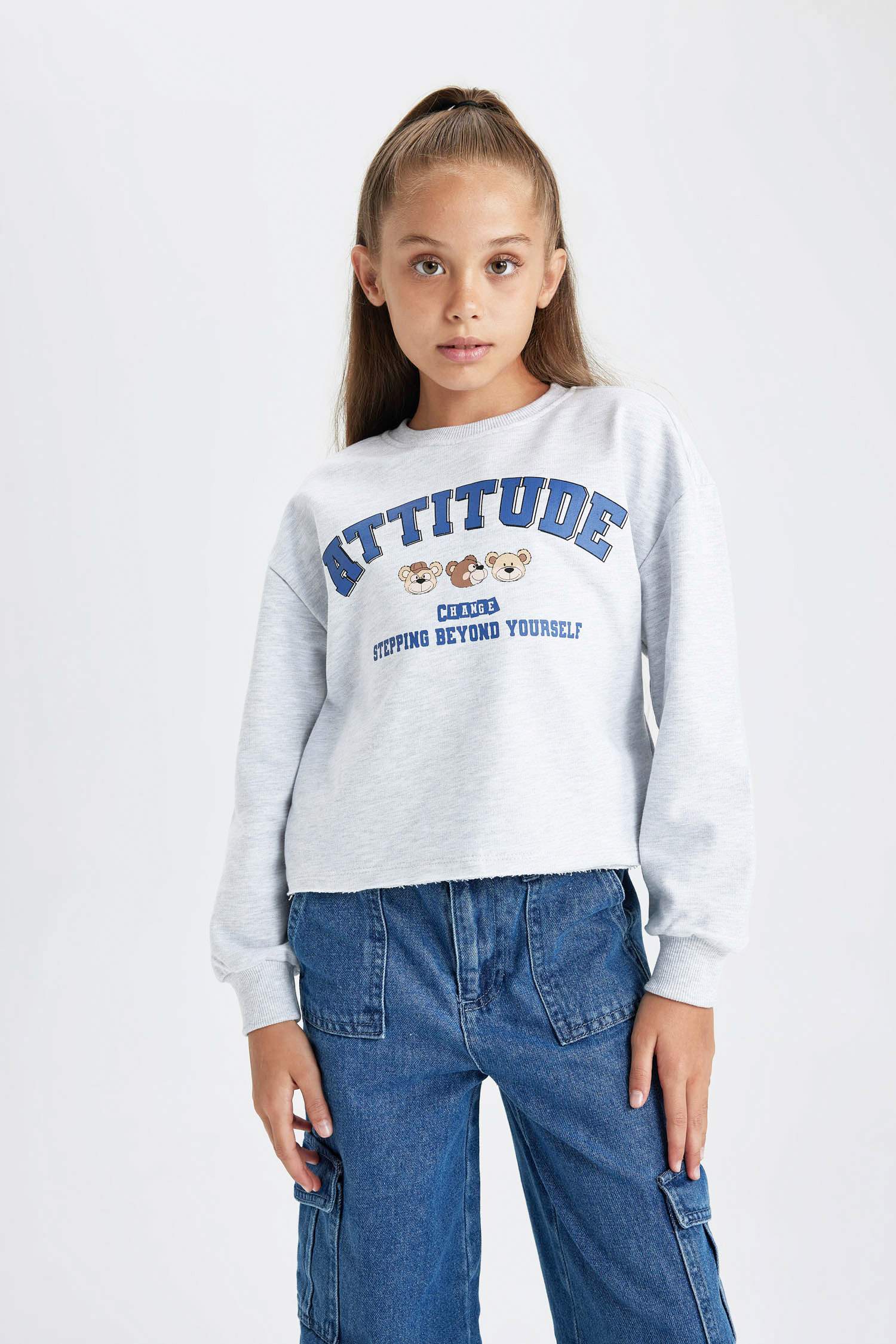 Kız Çocuk Crop Bisiklet Yaka Sweatshirt