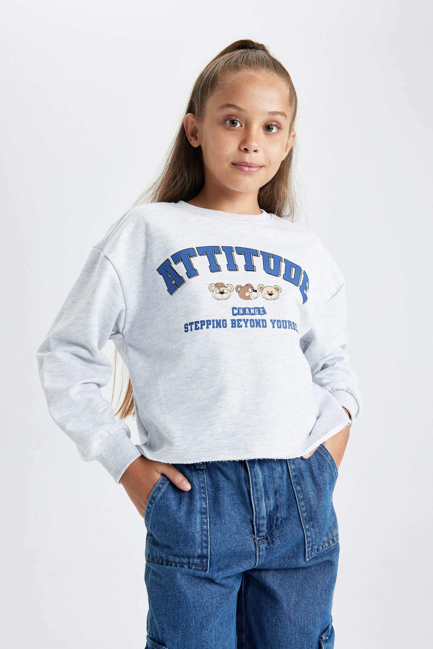Kız Çocuk Crop Bisiklet Yaka Sweatshirt