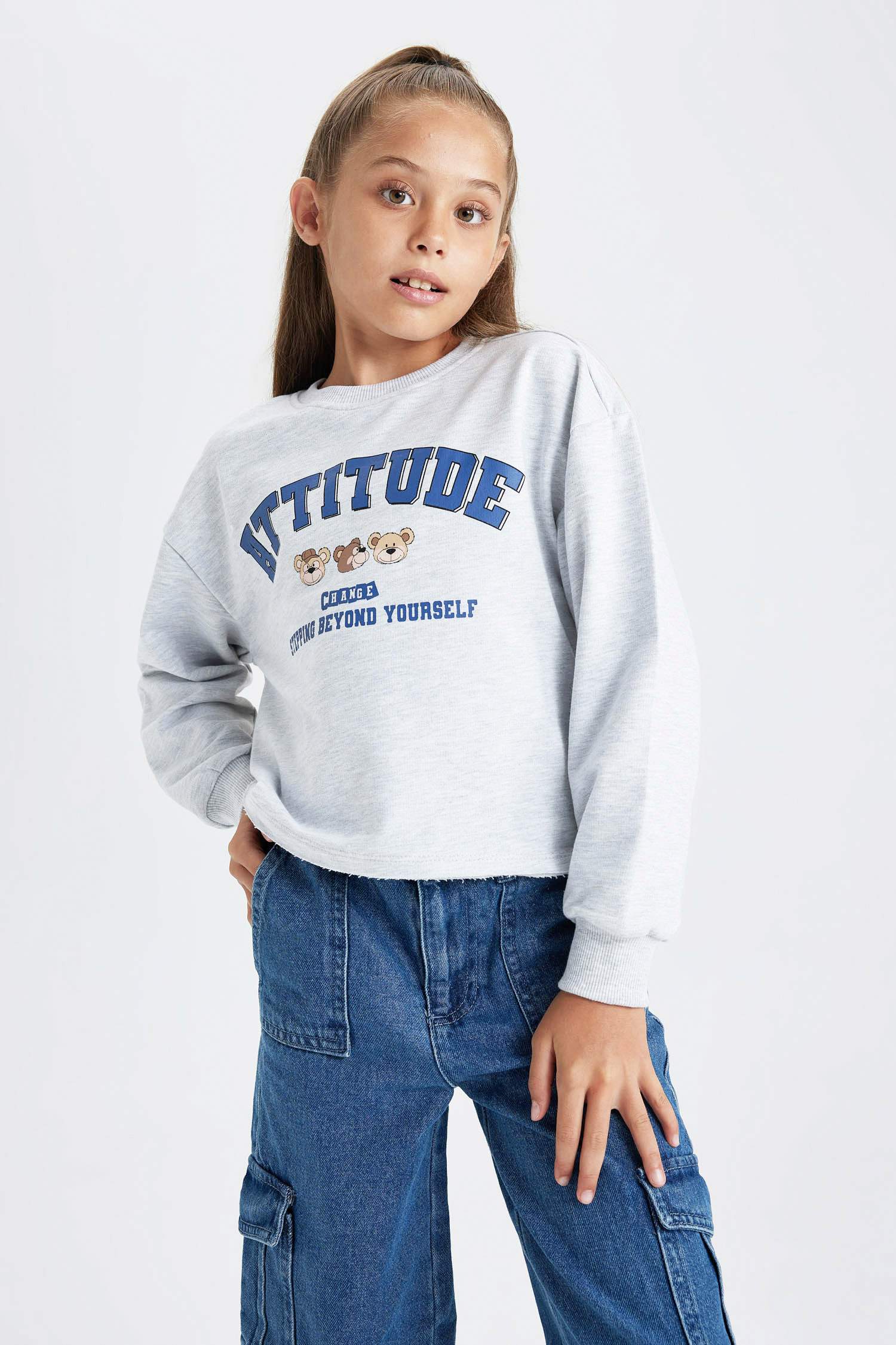 Kız Çocuk Crop Bisiklet Yaka Sweatshirt