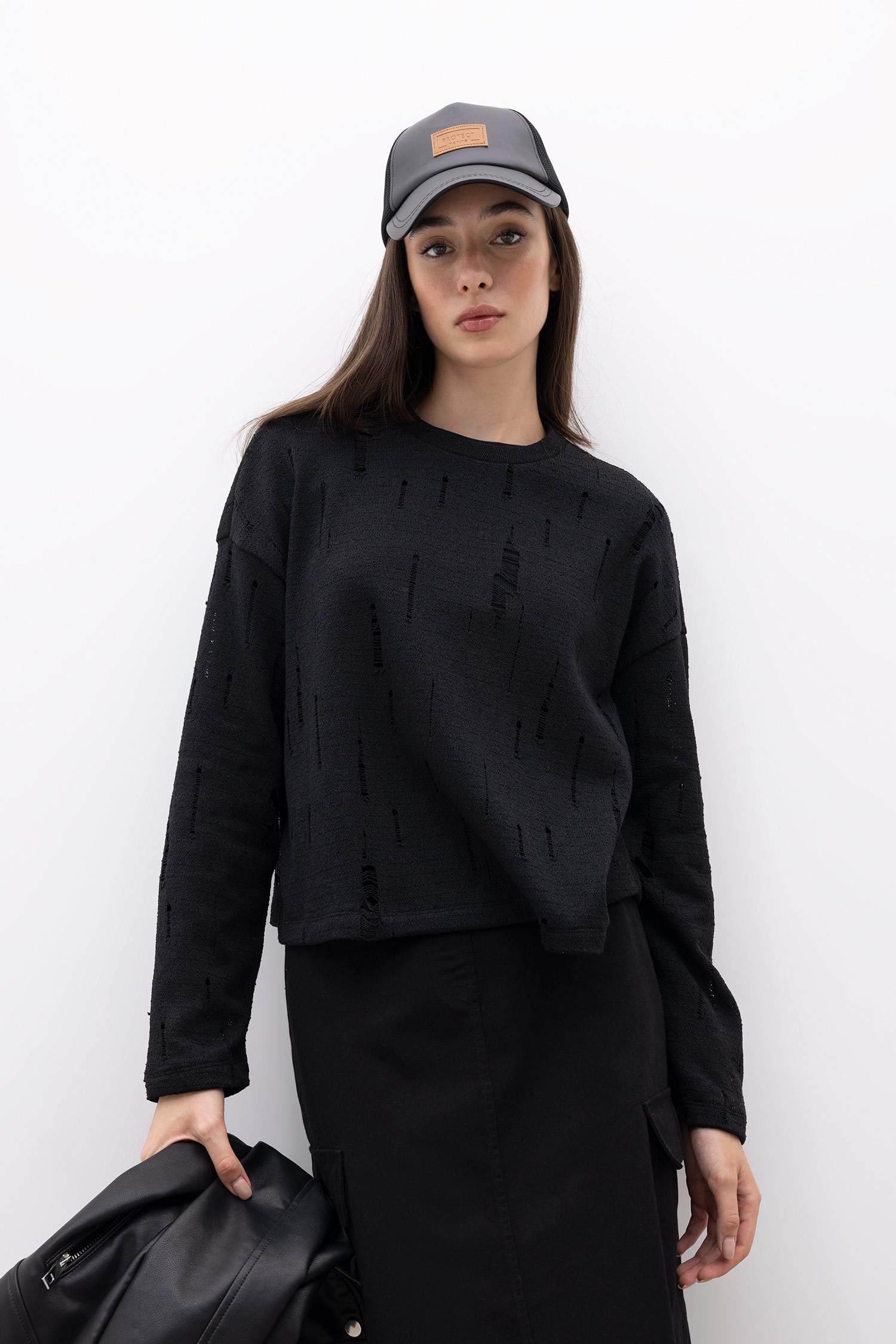 تونيك كم طويل قصة عادية برقبة مستديرة