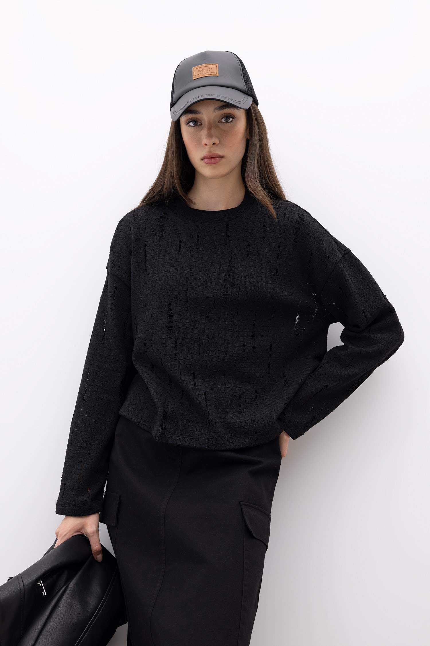 تونيك كم طويل قصة عادية برقبة مستديرة