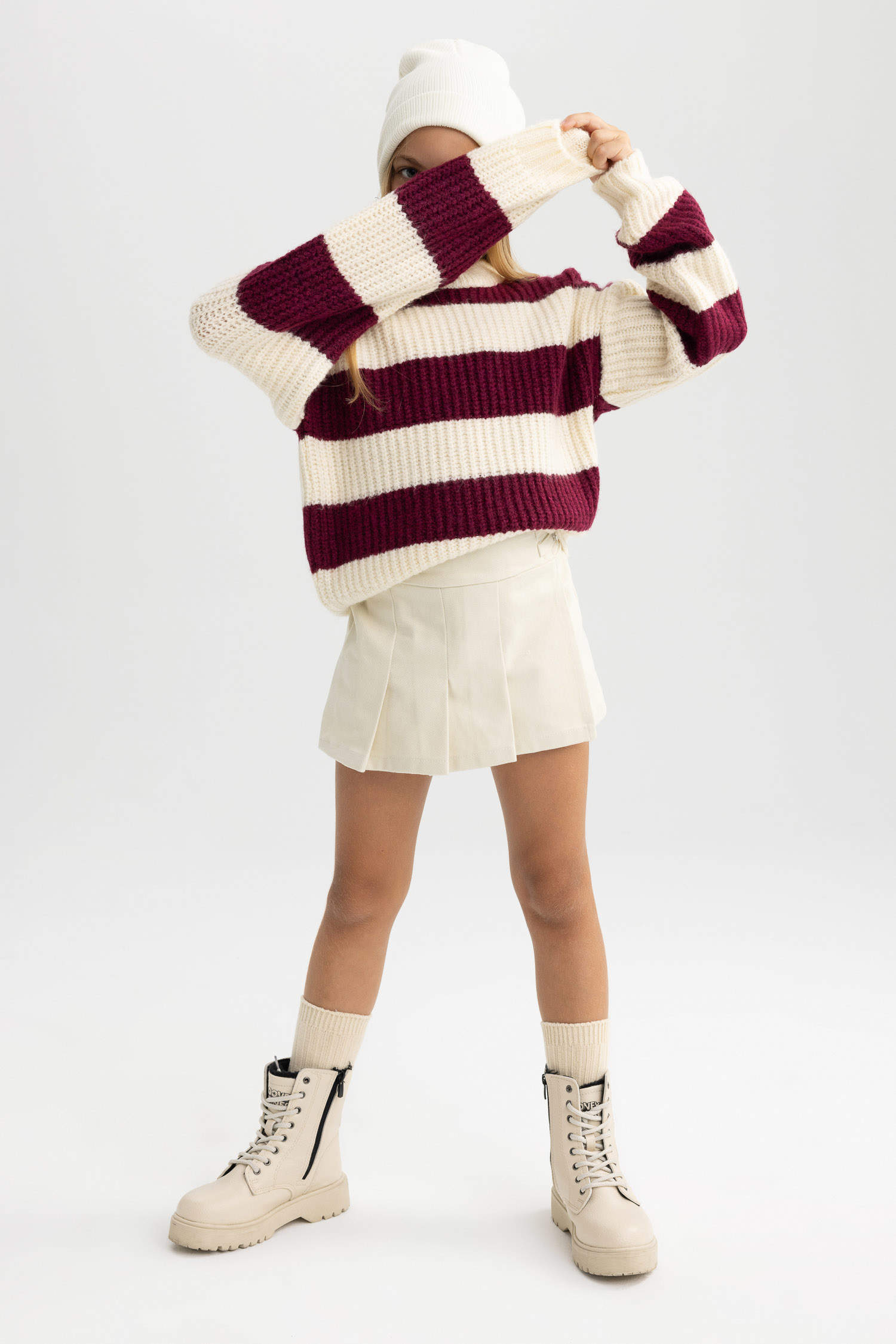 Beige GIRLS & TEENS Girl Wowen Fabrics Pleat Skirt 2930223 | DeFacto