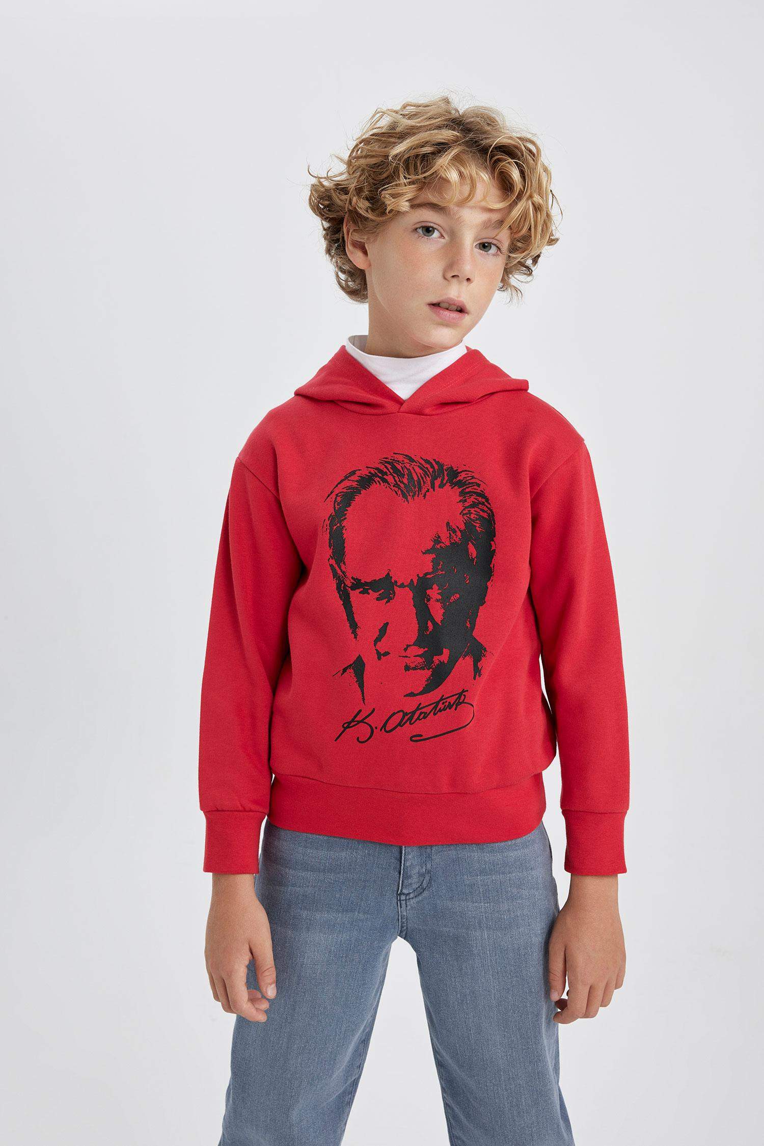 Erkek Çocuk Atatürk Baskılı Kırmızı Kapüşonlu Sweatshirt