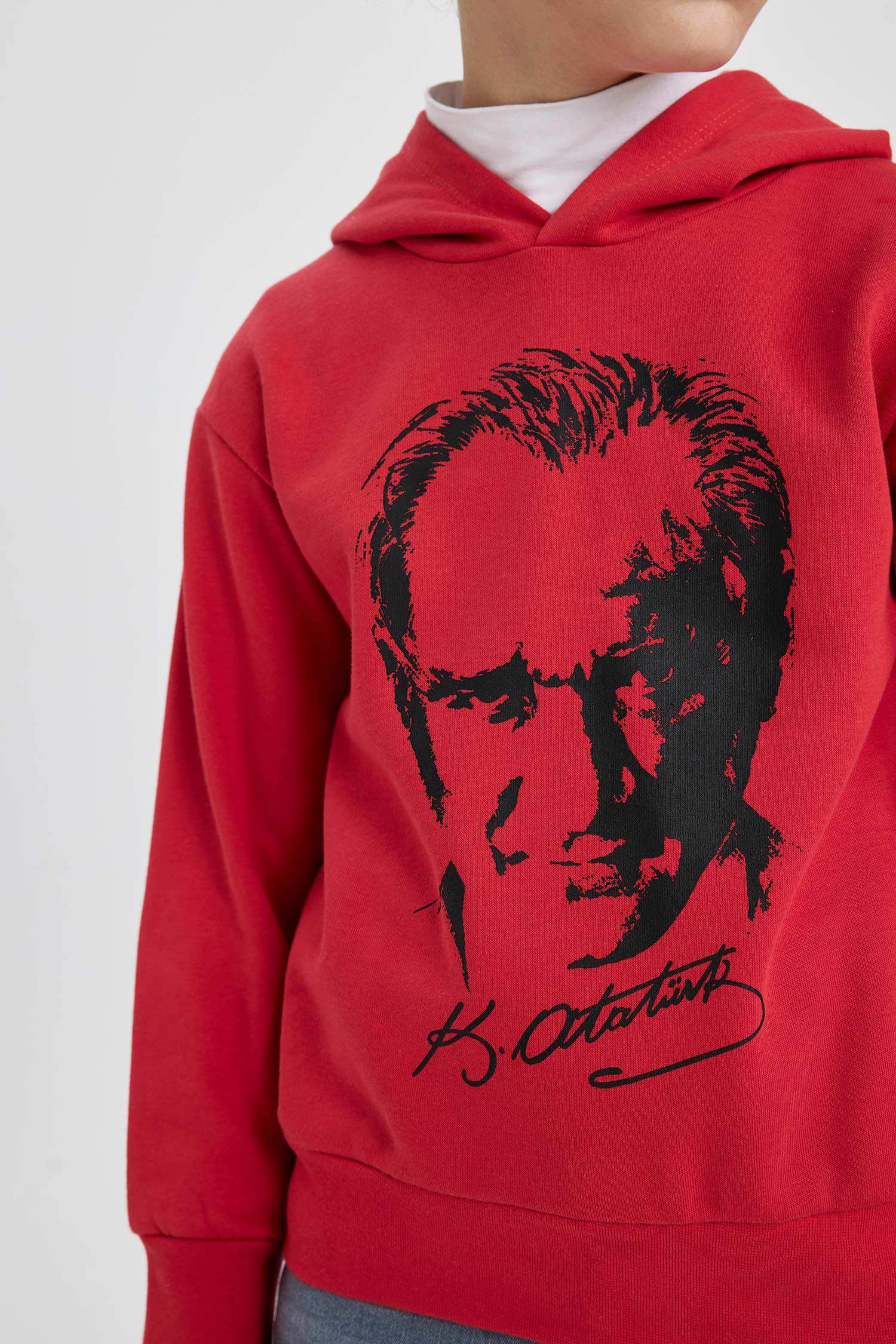 Erkek Çocuk Atatürk Baskılı Kırmızı Kapüşonlu Sweatshirt