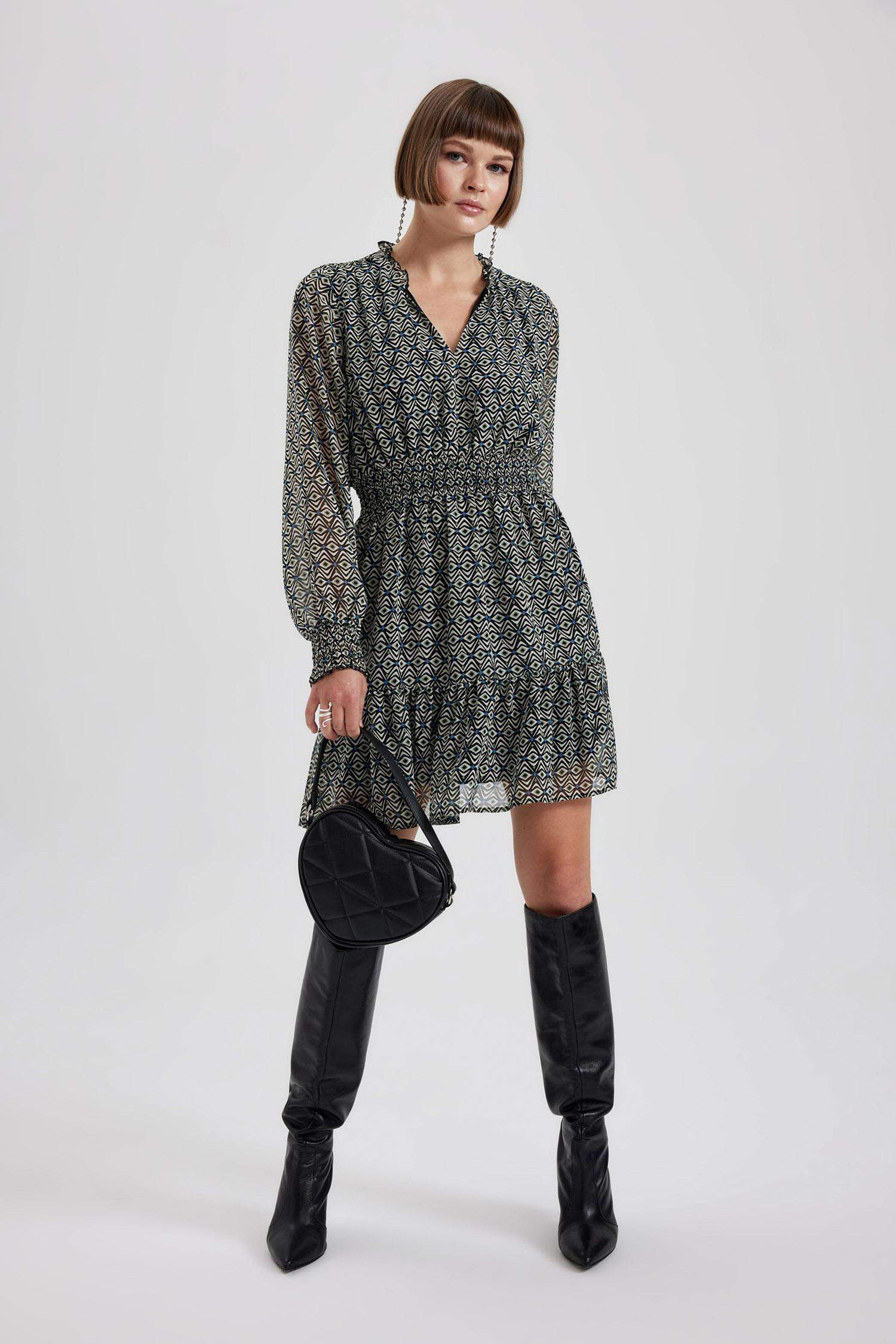 V Neck Patterned Chiffon Mini Dress