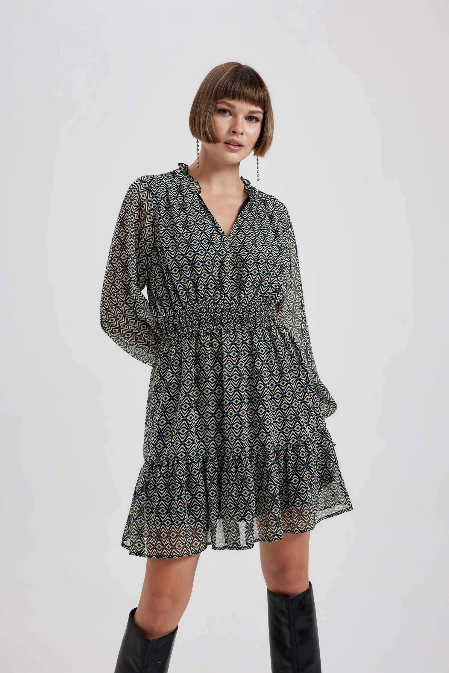 V Neck Patterned Chiffon Mini Dress