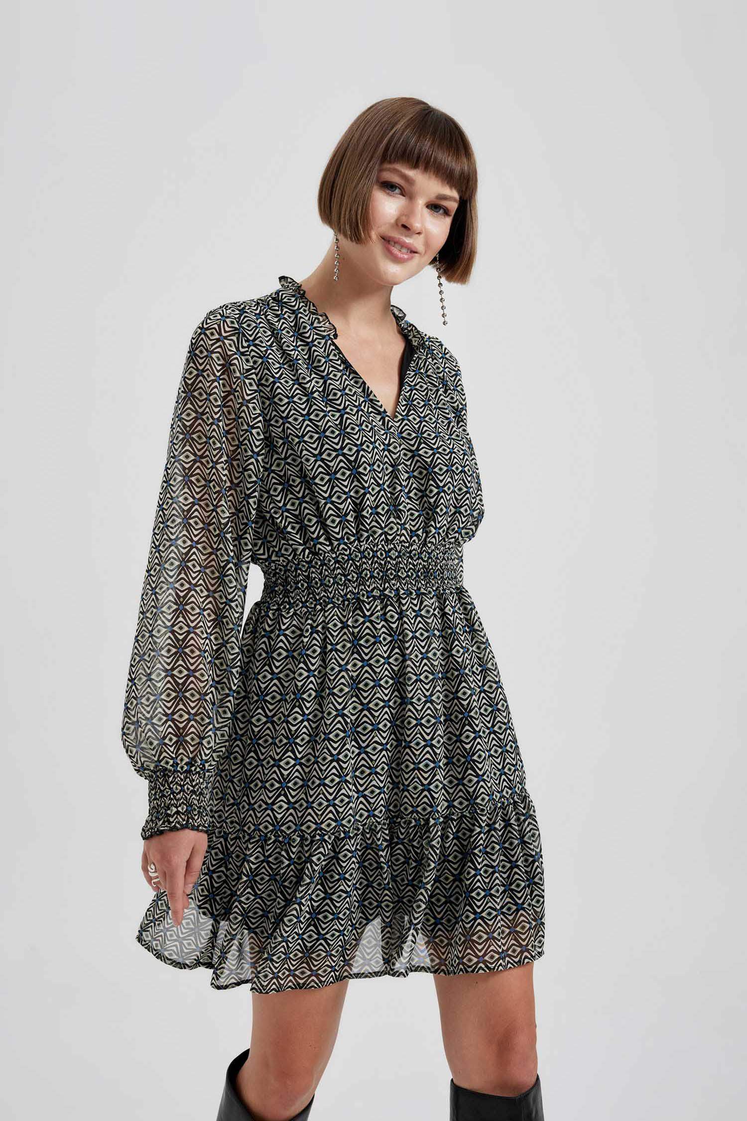 V Neck Patterned Chiffon Mini Dress