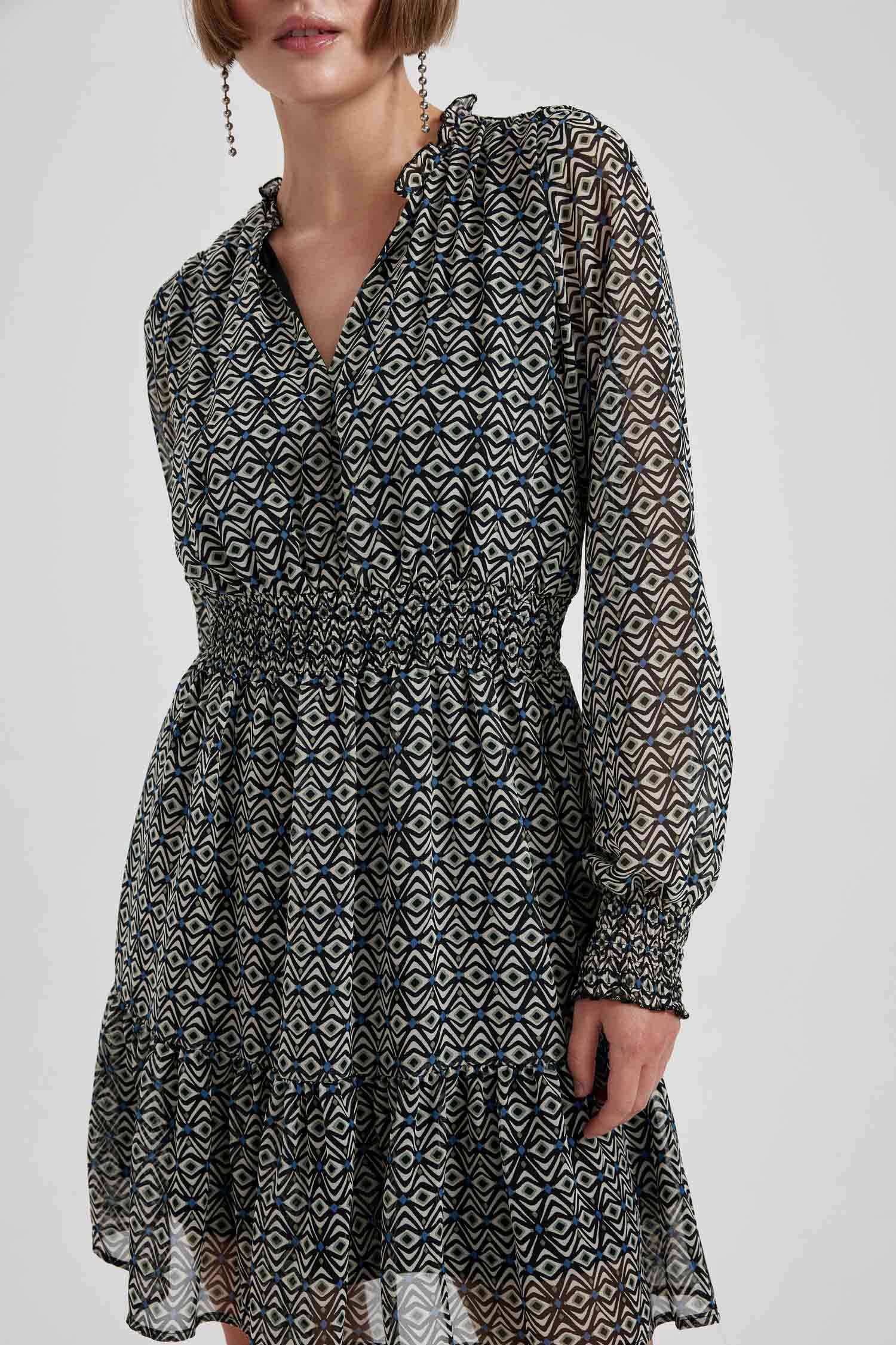 V Neck Patterned Chiffon Mini Dress