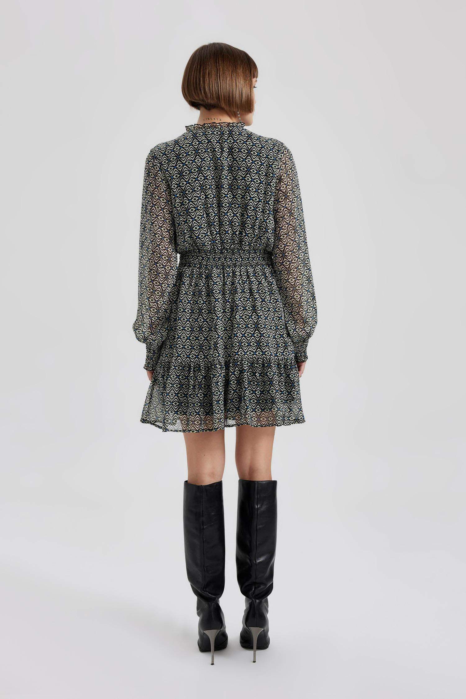 V Neck Patterned Chiffon Mini Dress