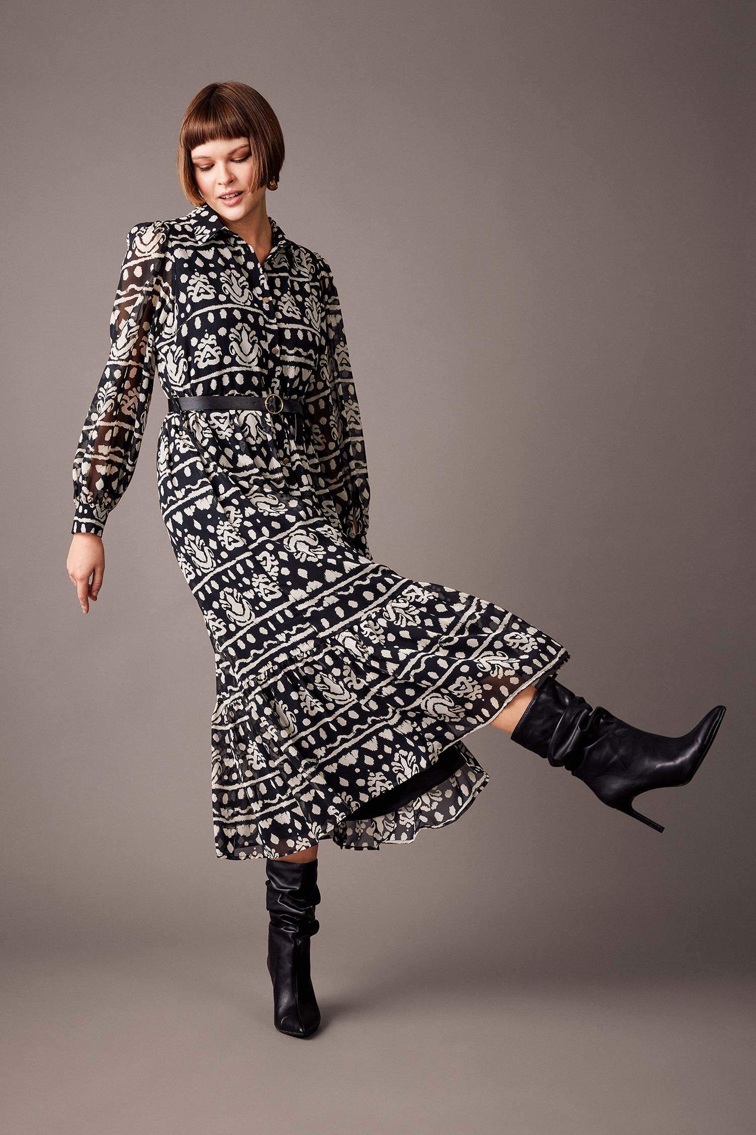 Shirt Collar Chiffon Long Sleeve Midi Dress