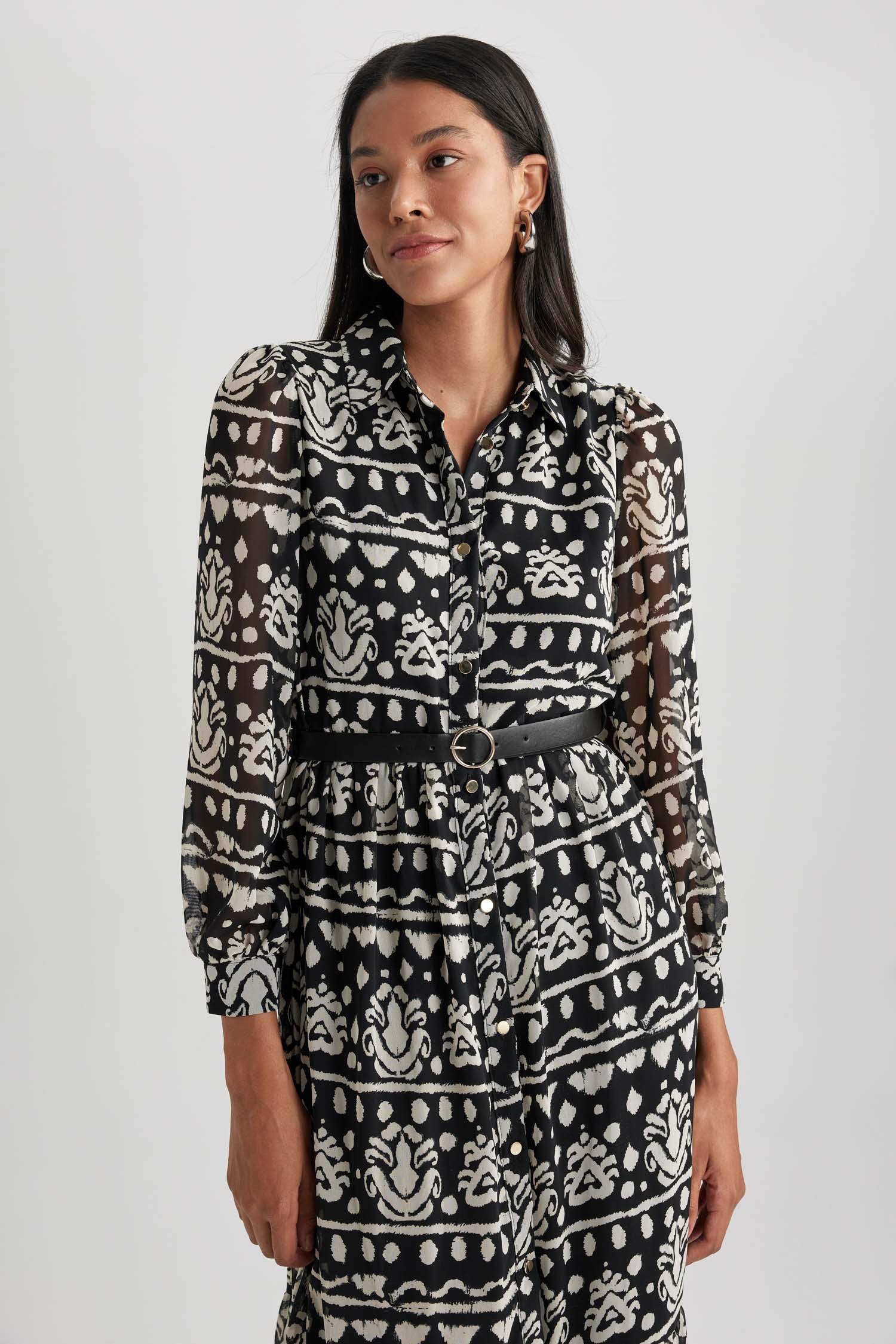 Shirt Collar Chiffon Long Sleeve Midi Dress