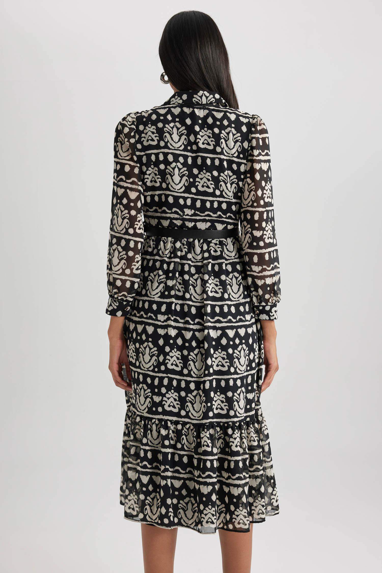 Shirt Collar Chiffon Long Sleeve Midi Dress