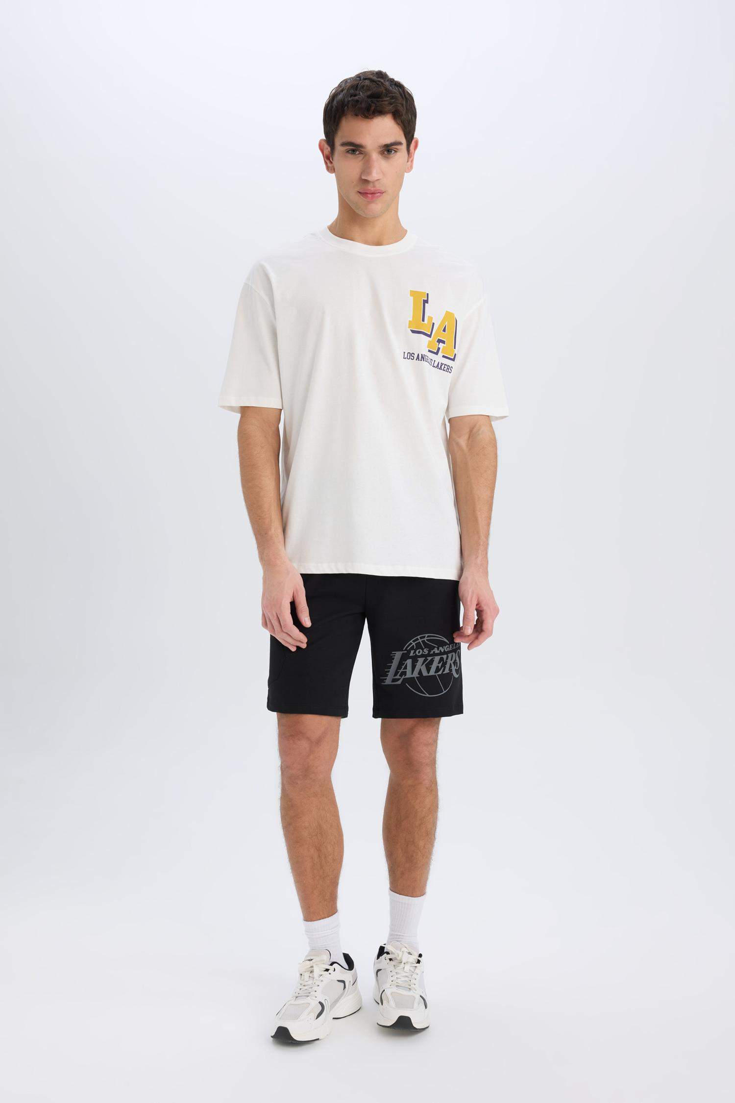 DeFactoFit NBA Los Angeles Lakers Standart Fit Kargo Cepli Kısa Paça Şort