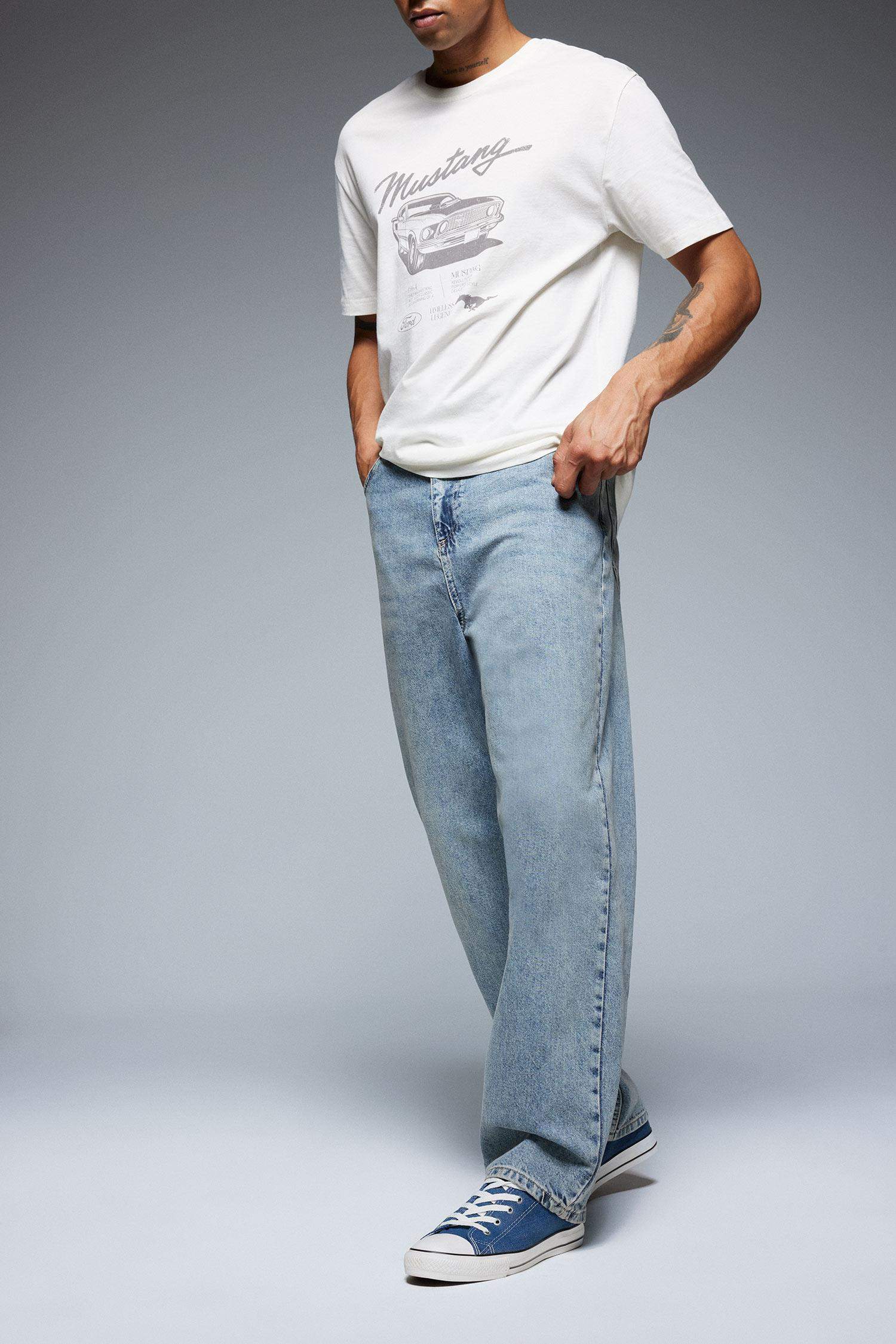 %100 Pamuk Baggy Fit Geniş Kalıp Normal Bel Geniş Paça Jean Yıkamalı Pantolon