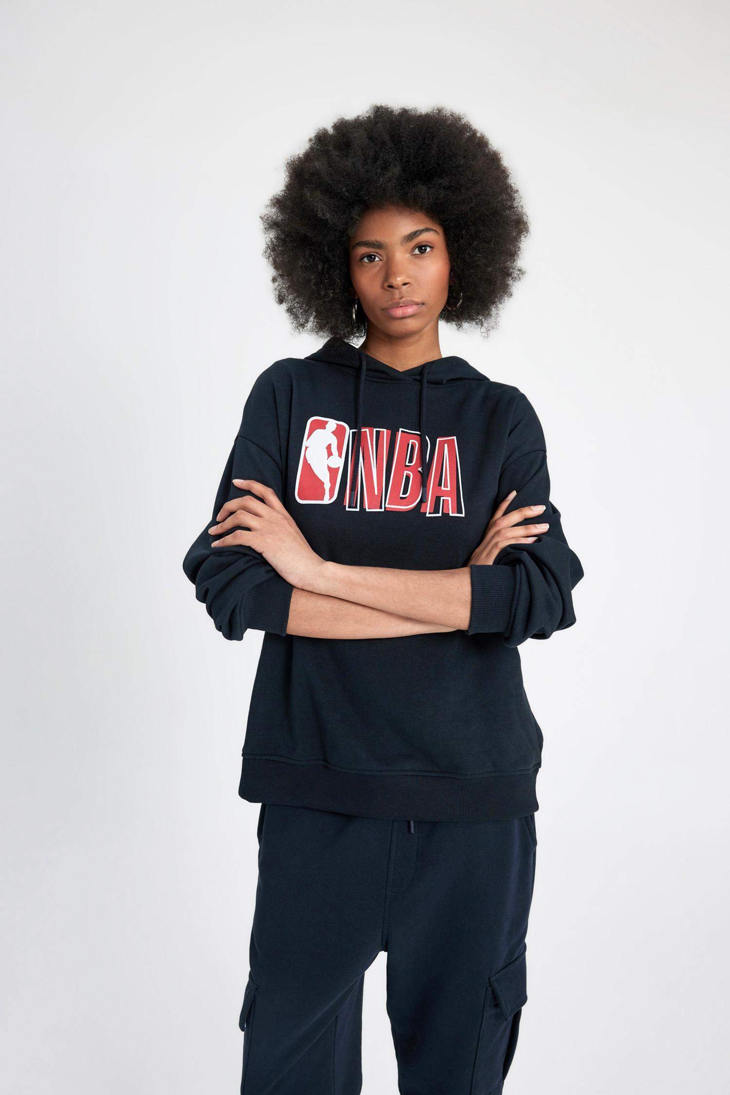 DeFactoFit NBA Wordmark Oversize Fit Hooded Thick Sweatshirt