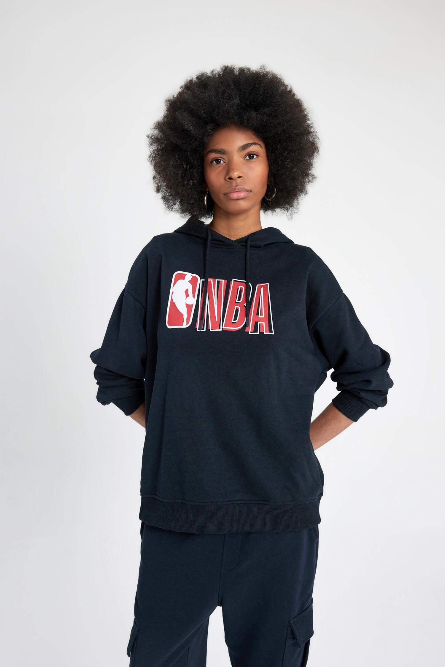 DeFactoFit NBA Wordmark Oversize Fit Hooded Thick Sweatshirt