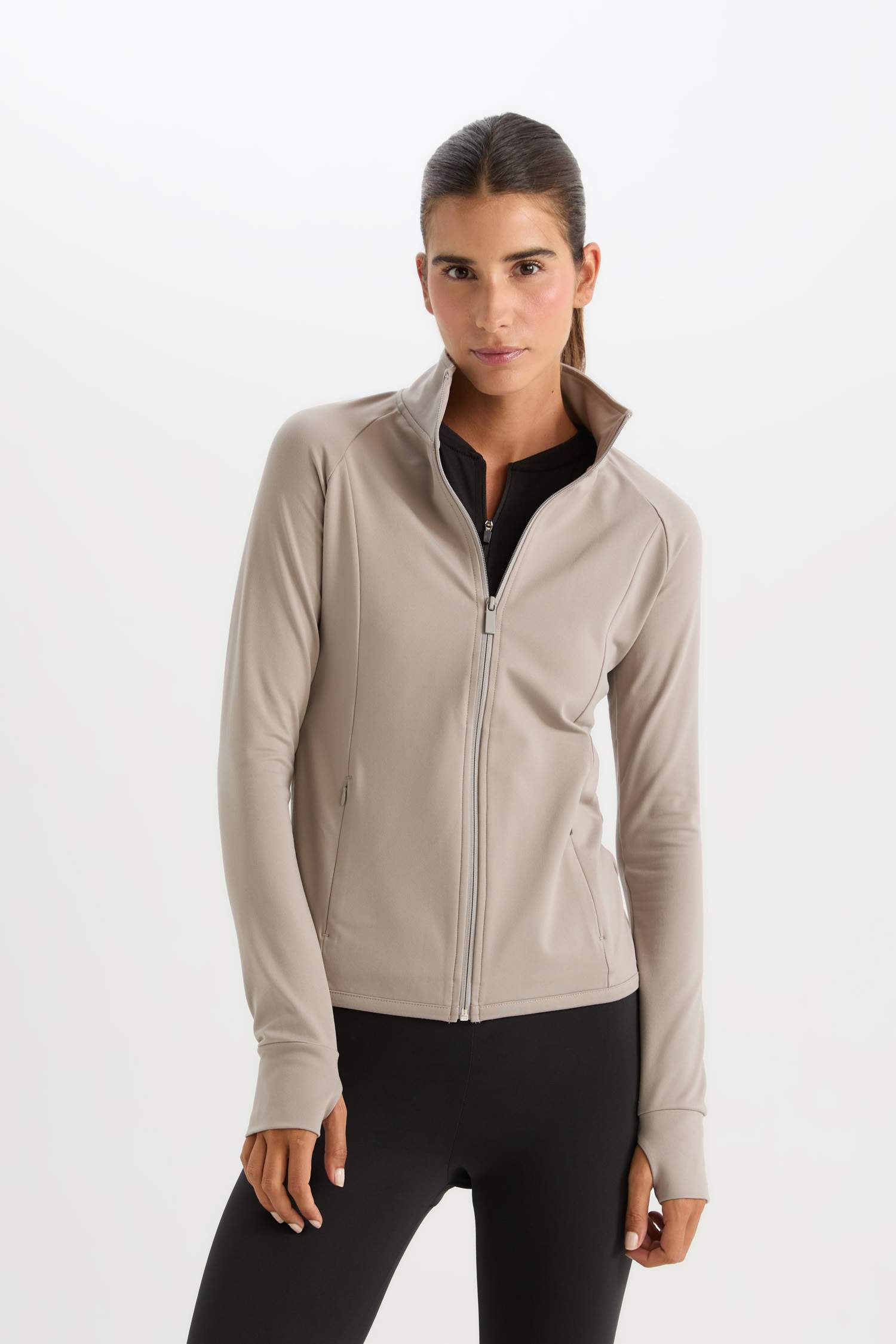 Fitted Dik Yaka Çift Cepli Fermuarlı Sporcu Hırka