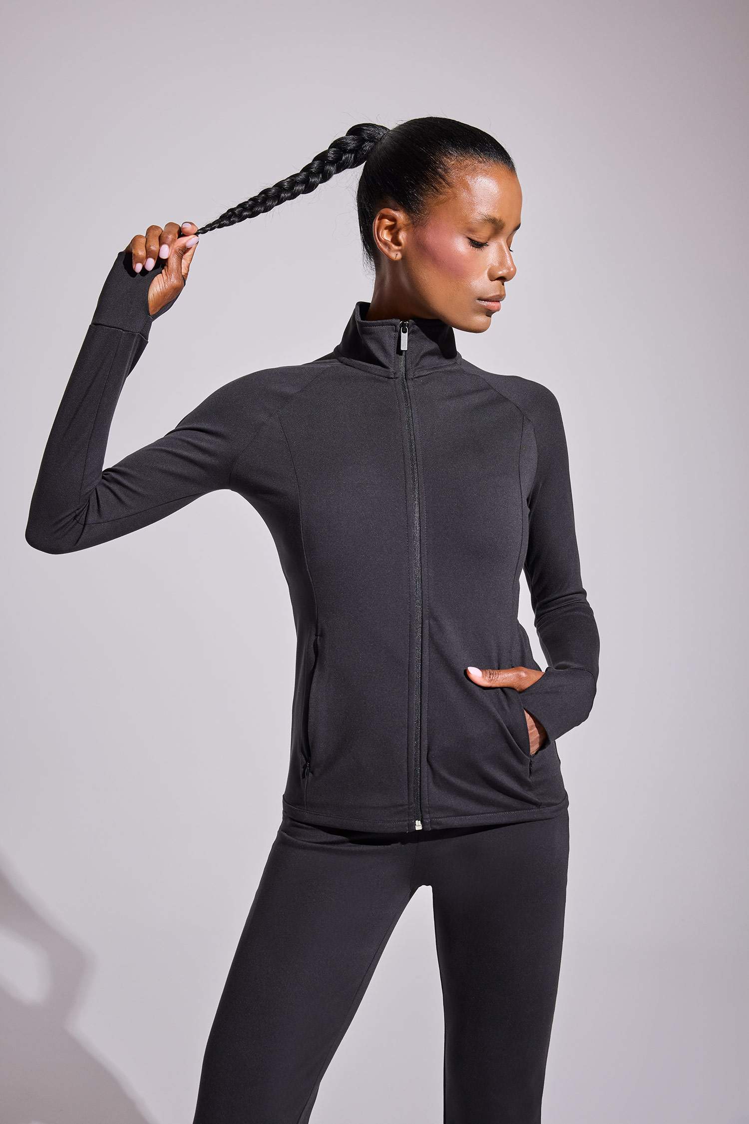 DeFactoFit Fitted Vücuda Oturan Ultra Soft Dik Yaka Çift Cepli Parmak Detaylı Fermuarlı Spor Hırka