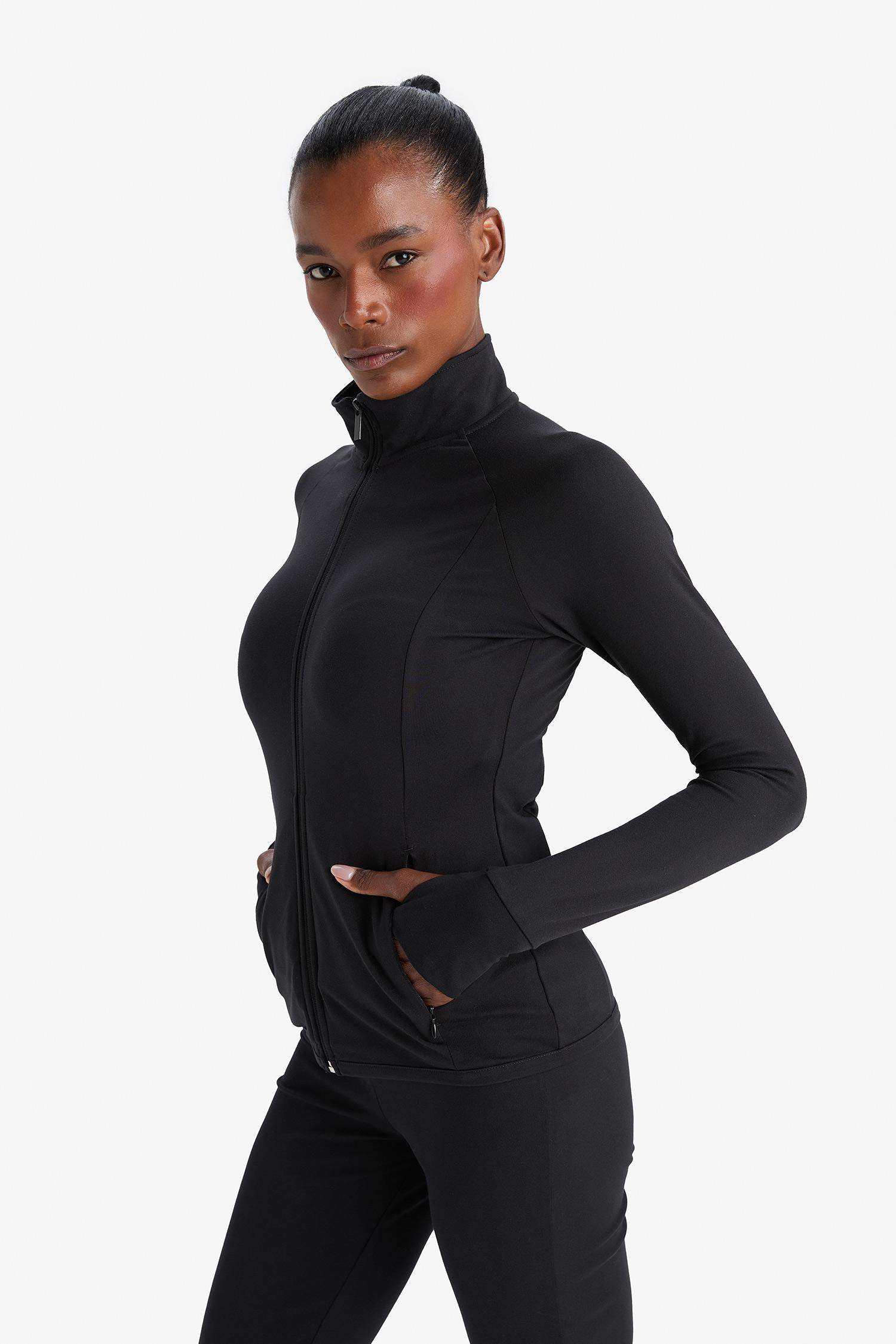 DeFactoFit Fitted Vücuda Oturan Ultra Soft Dik Yaka Çift Cepli Parmak Detaylı Fermuarlı Spor Hırka