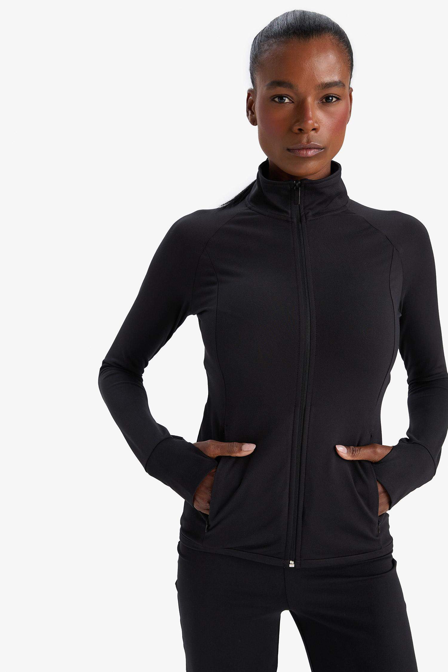 DeFactoFit Fitted Vücuda Oturan Ultra Soft Dik Yaka Çift Cepli Parmak Detaylı Fermuarlı Spor Hırka