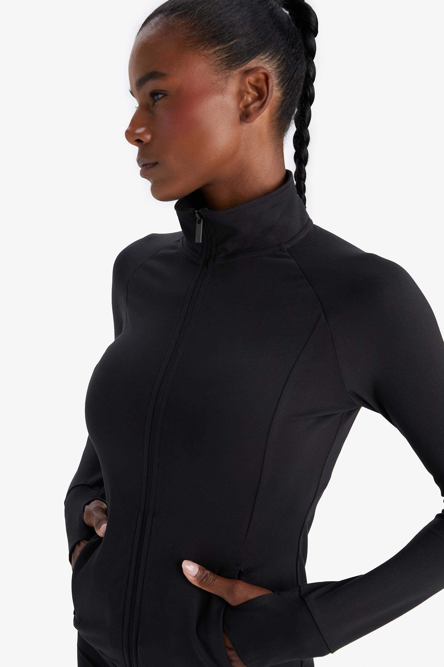 DeFactoFit Fitted Vücuda Oturan Ultra Soft Dik Yaka Çift Cepli Parmak Detaylı Fermuarlı Spor Hırka