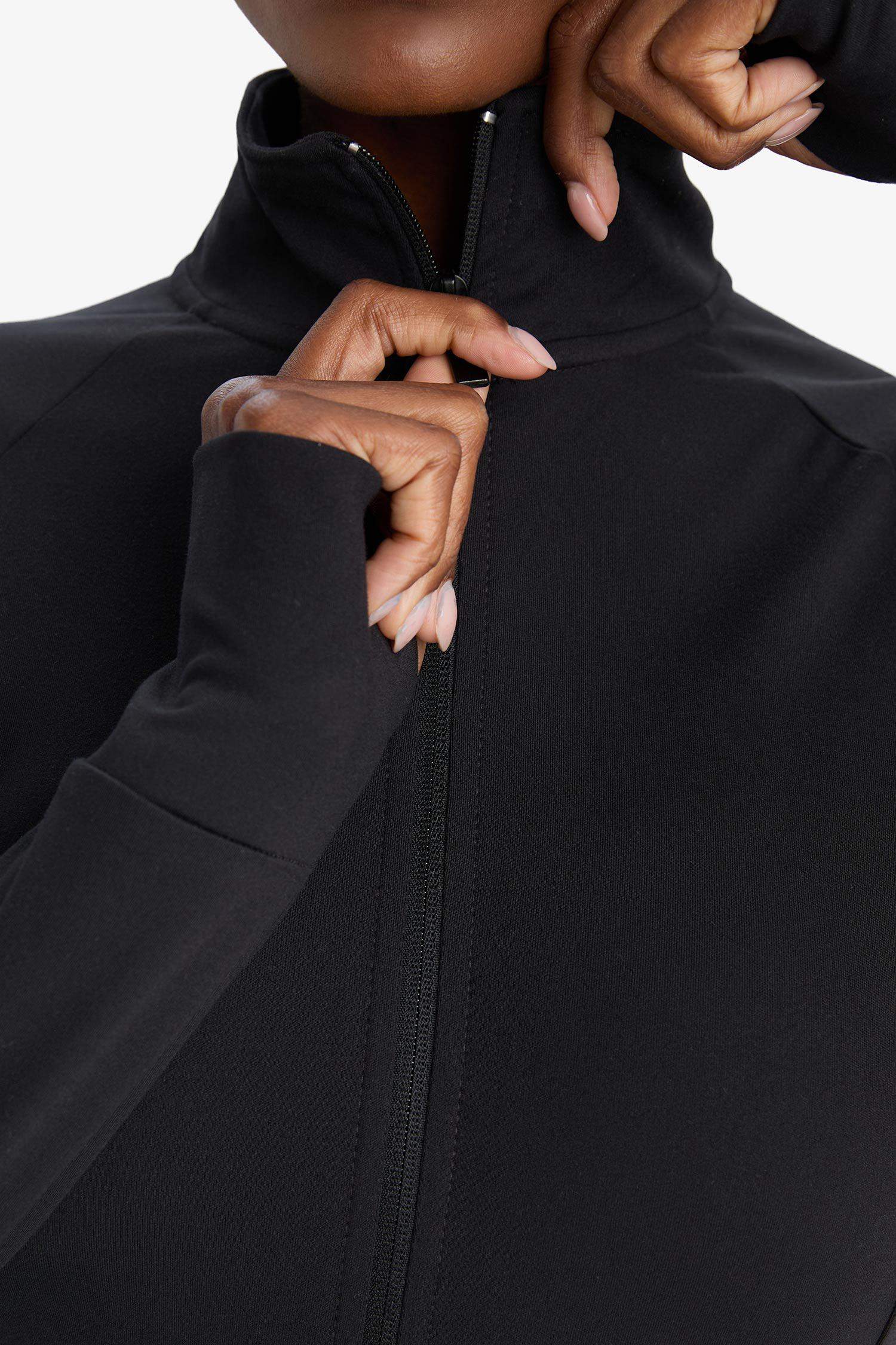 DeFactoFit Fitted Vücuda Oturan Ultra Soft Dik Yaka Çift Cepli Parmak Detaylı Fermuarlı Spor Hırka