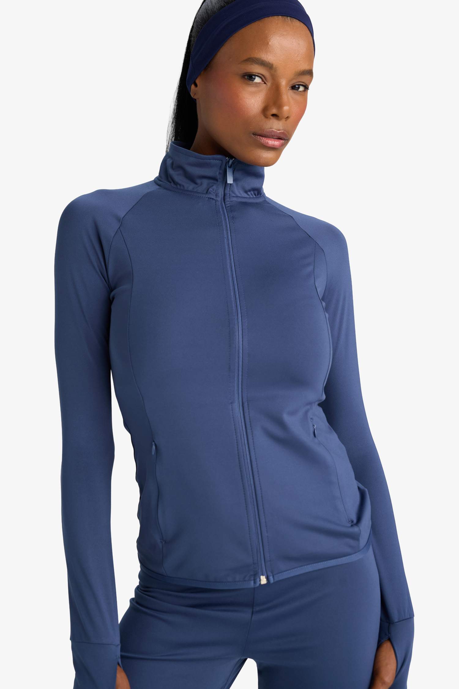 Fitted Vücuda Oturan Ultra Soft Dik Yaka Çift Cepli Parmak Detaylı Fermuarlı Spor Hırka