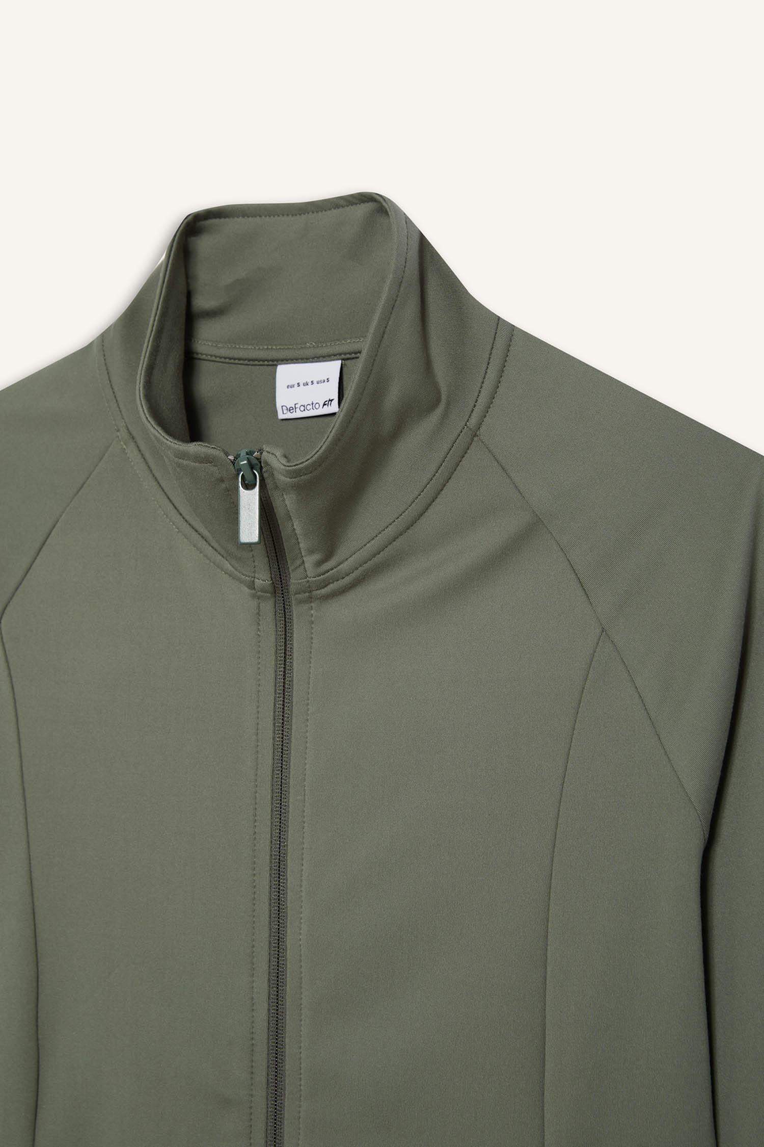 Fitted Dik Yaka Çift Cepli Fermuarlı Sporcu Hırka