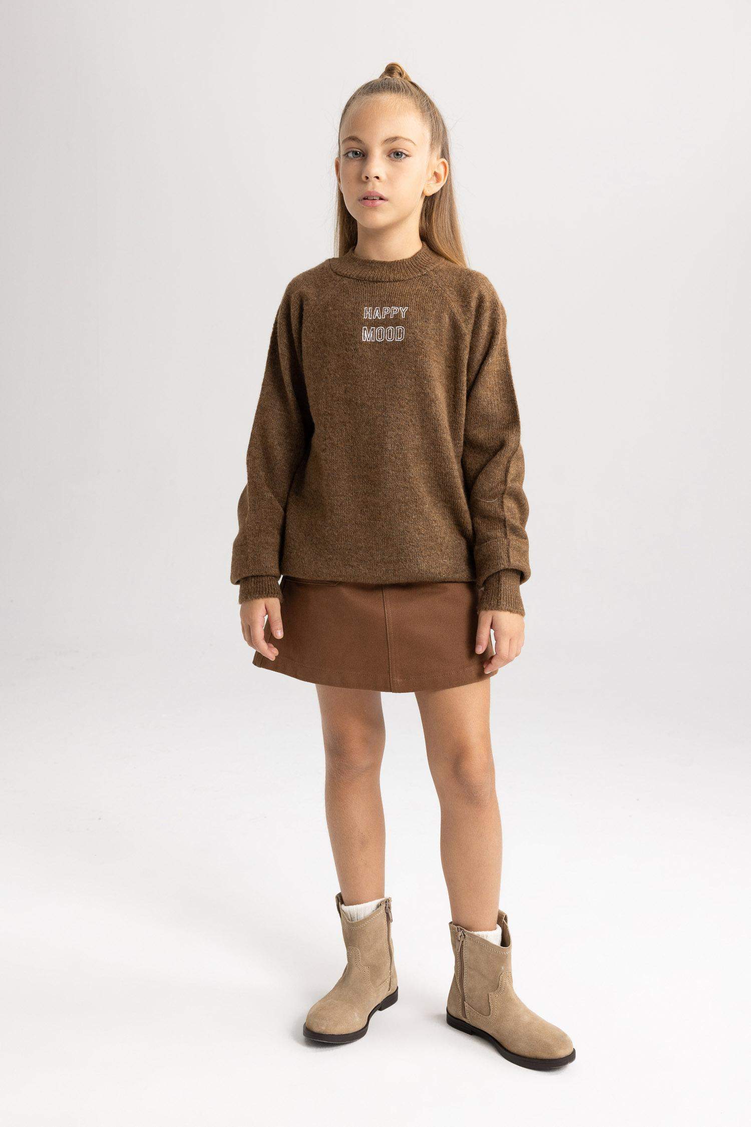 Kız Çocuk Loose Fit Yarım Balıkçı Yaka Triko Kazak