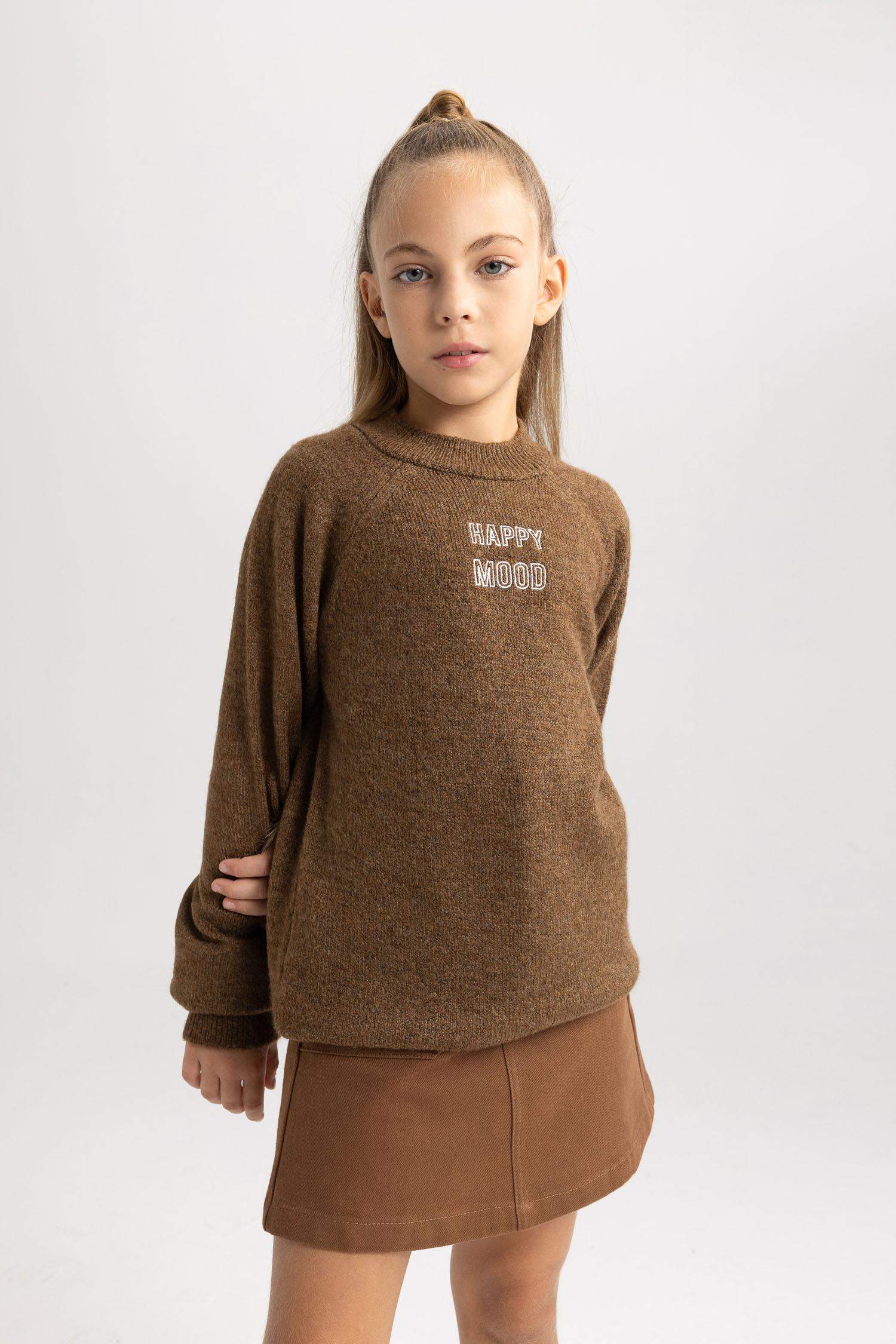 Kız Çocuk Loose Fit Yarım Balıkçı Yaka Triko Kazak