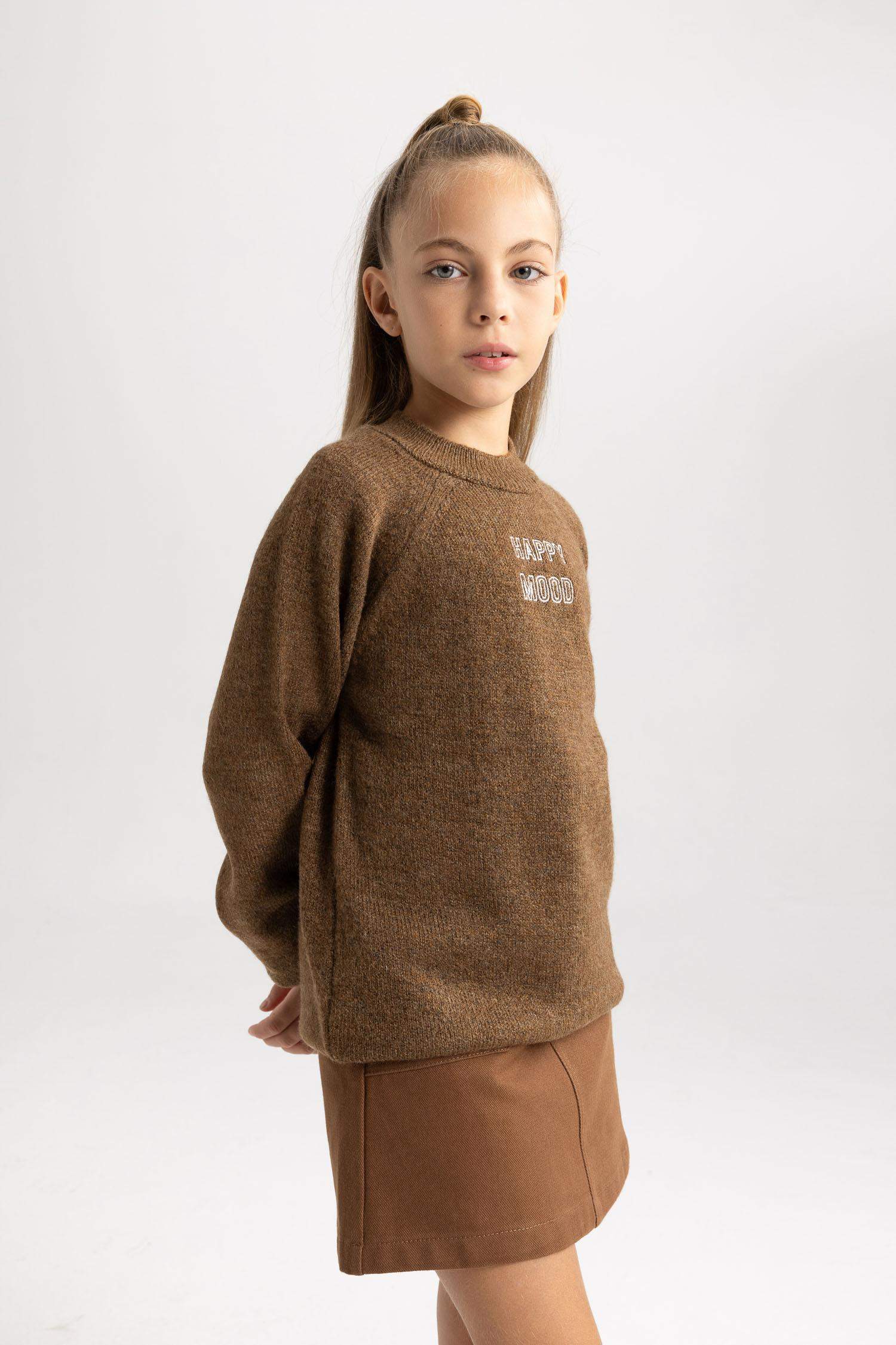 Kız Çocuk Loose Fit Yarım Balıkçı Yaka Triko Kazak