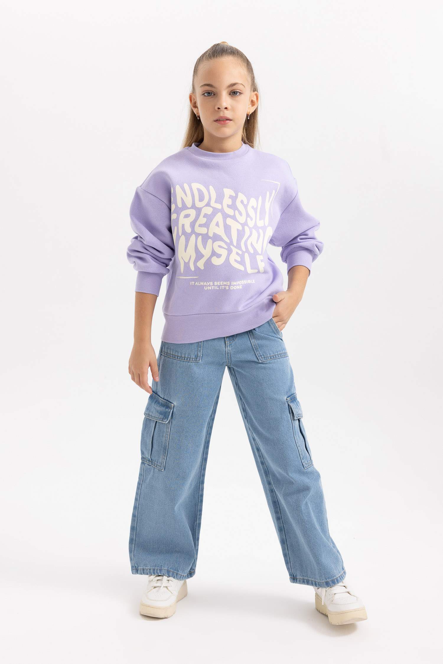 Kız Çocuk Bisiklet Yaka İçi Yumuşak Tüylü Kalın Sweatshirt