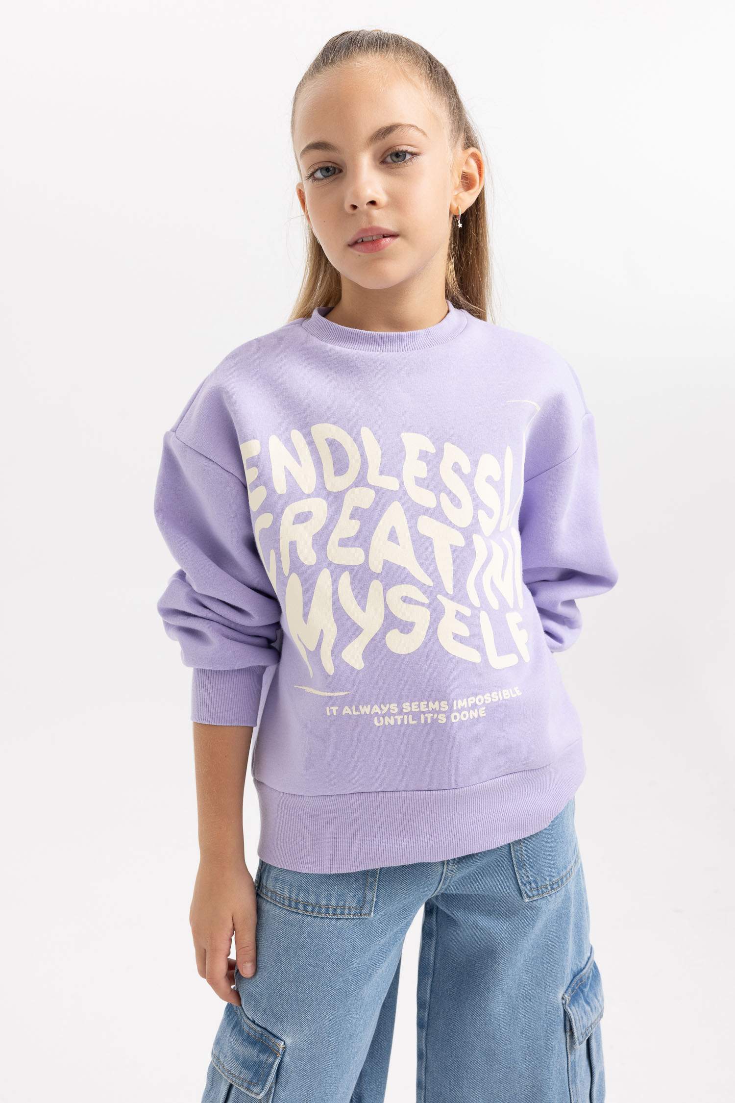 Kız Çocuk Bisiklet Yaka İçi Yumuşak Tüylü Kalın Sweatshirt