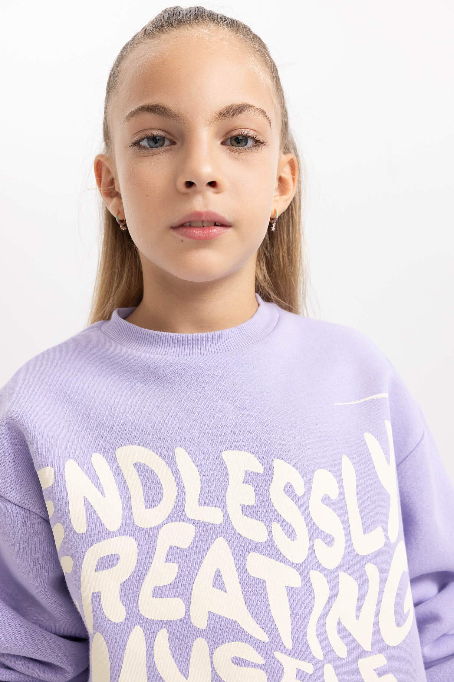 Kız Çocuk Bisiklet Yaka İçi Yumuşak Tüylü Kalın Sweatshirt