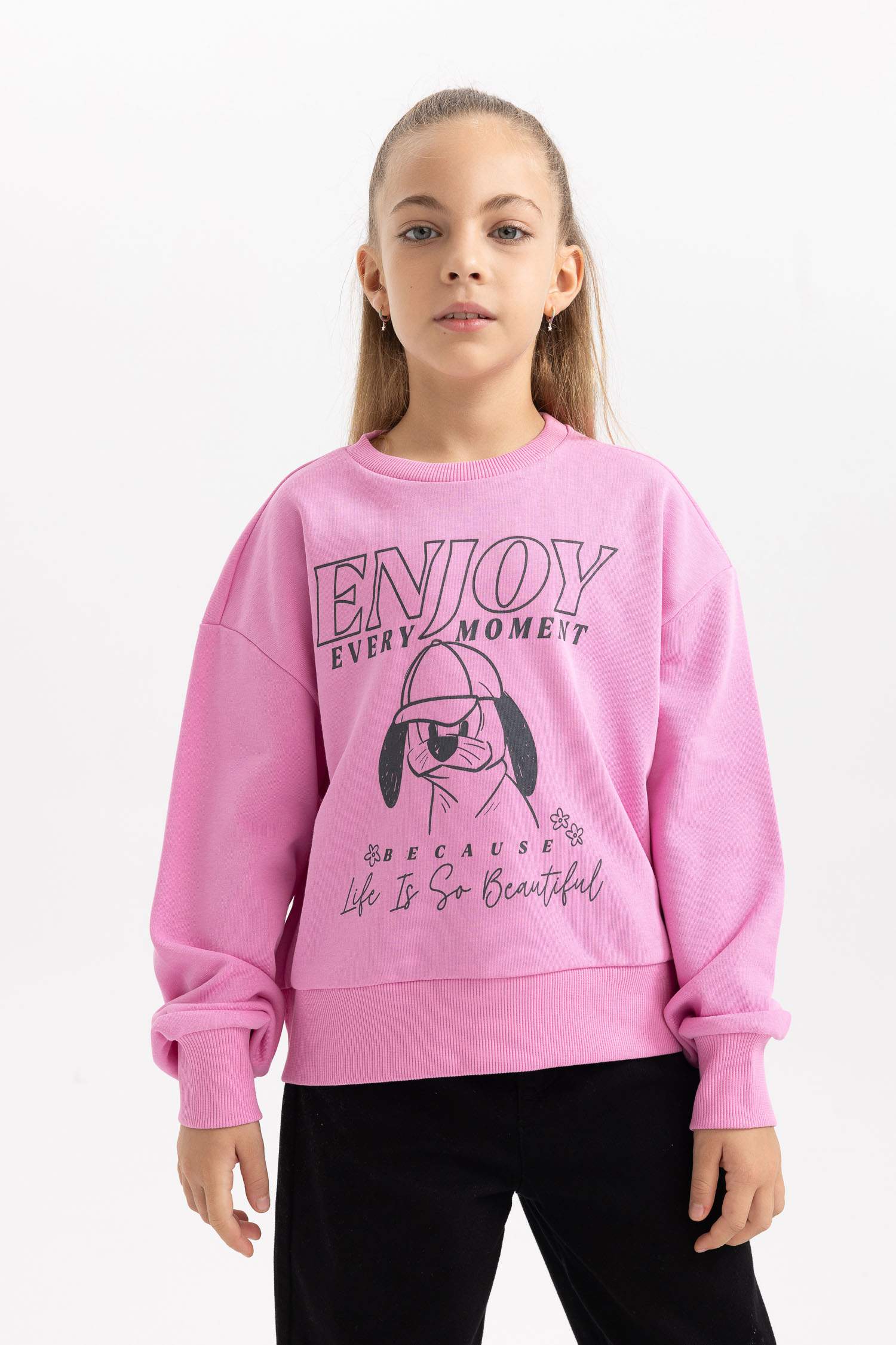 Kız Çocuk Baskılı Bisiklet Yaka İçi Yumuşak Tüylü Kalın Sweatshirt 