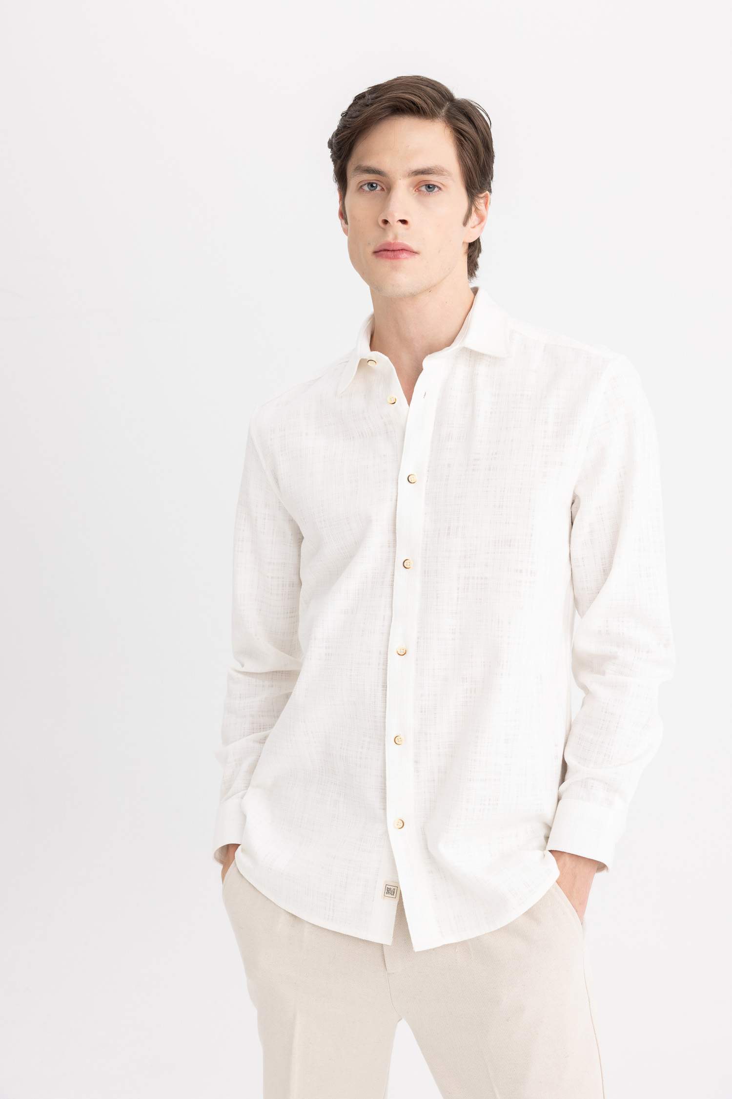 Regular Fit Polo Collar Cotton Long Sleeve Shirt