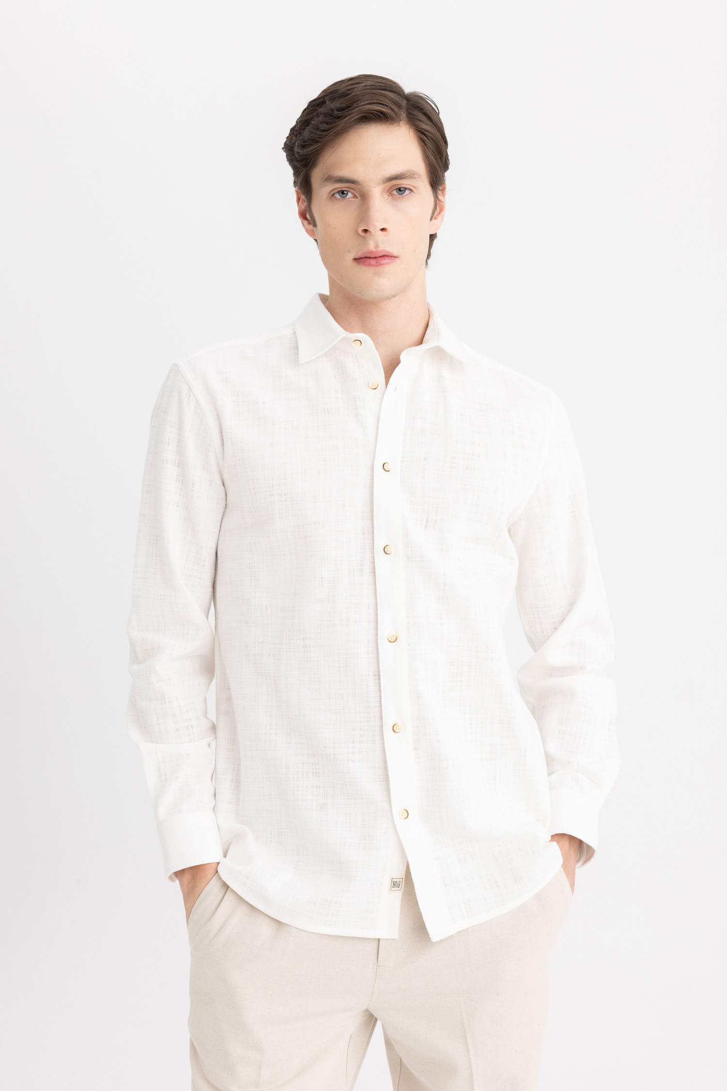 Regular Fit Polo Collar Cotton Long Sleeve Shirt