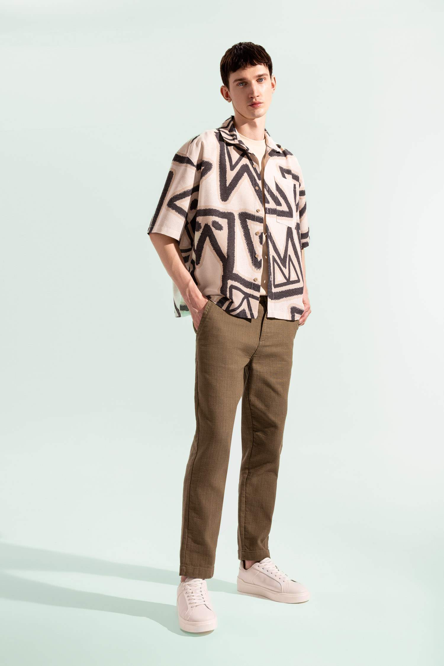 %100 Pamuk Yazlık Jogger Pantolon Regular Fit Normal Kesim Keten Görünümlü Düz Paça Cepli