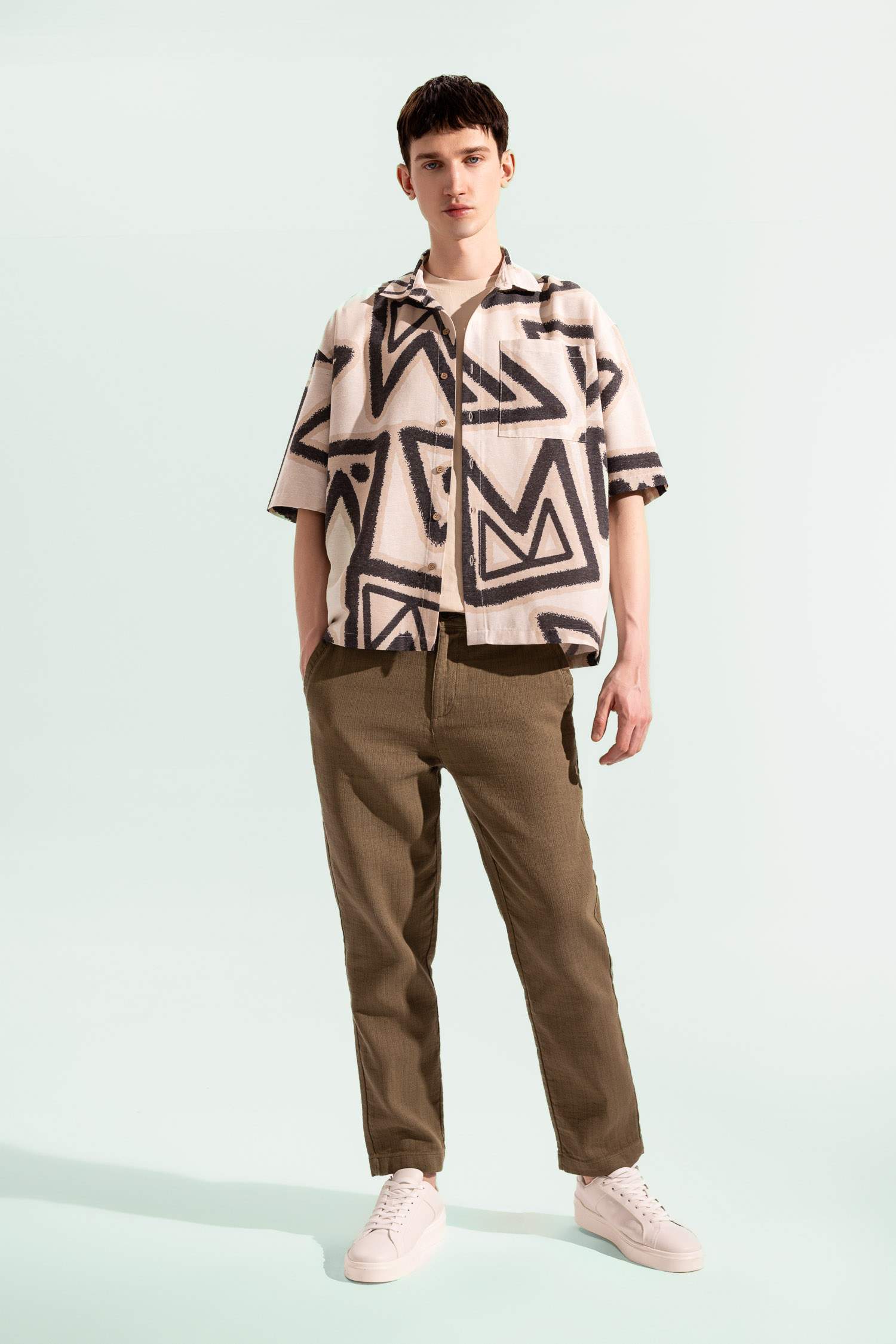 %100 Pamuk Yazlık Jogger Pantolon Regular Fit Normal Kesim Keten Görünümlü Düz Paça Cepli