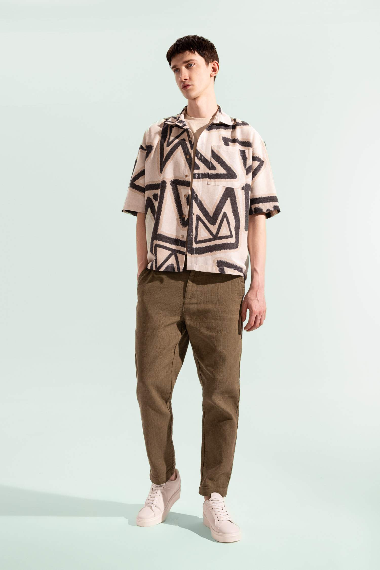 %100 Pamuk Yazlık Jogger Pantolon Regular Fit Normal Kesim Keten Görünümlü Düz Paça Cepli