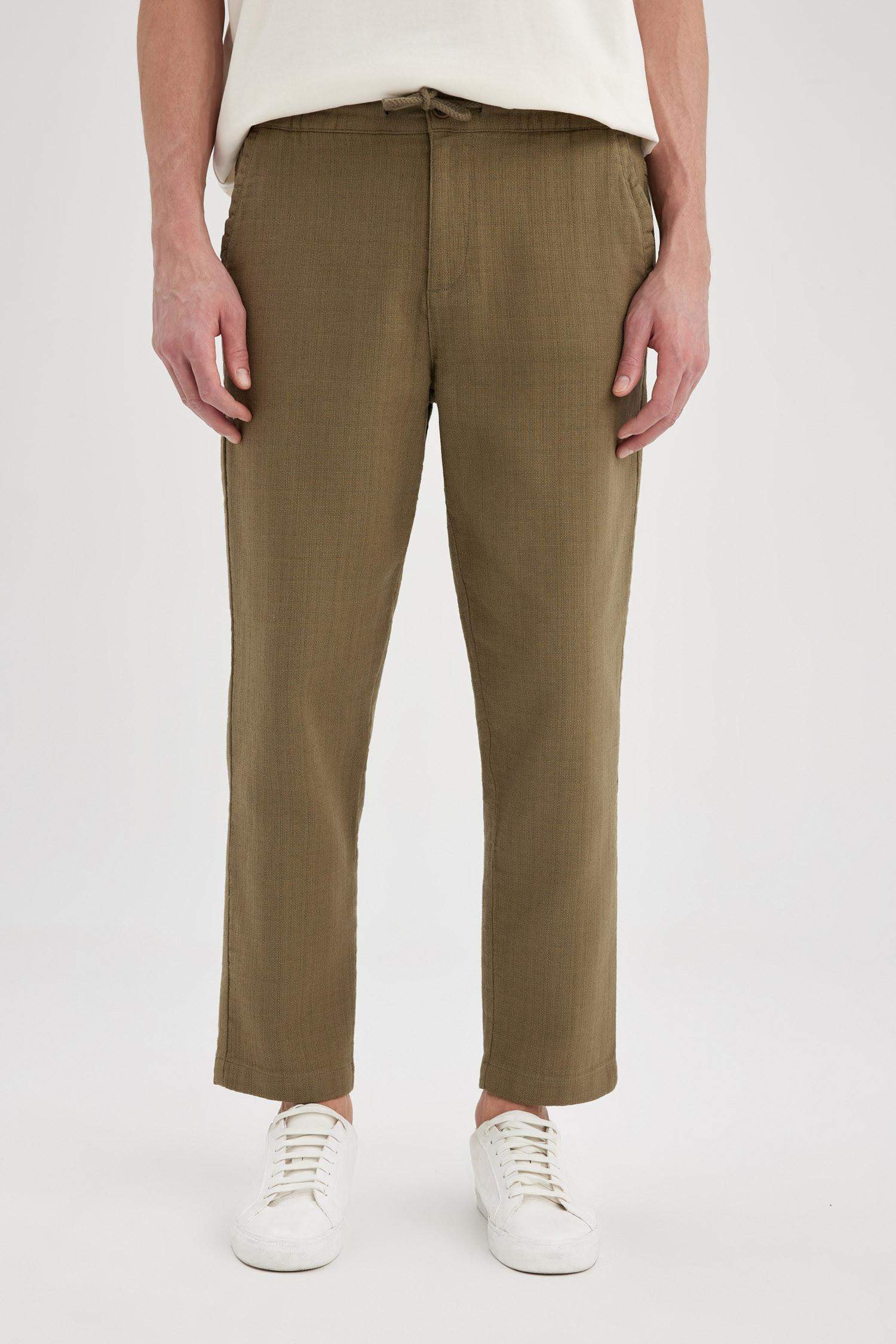 %100 Pamuk Yazlık Jogger Pantolon Regular Fit Normal Kesim Keten Görünümlü Düz Paça Cepli