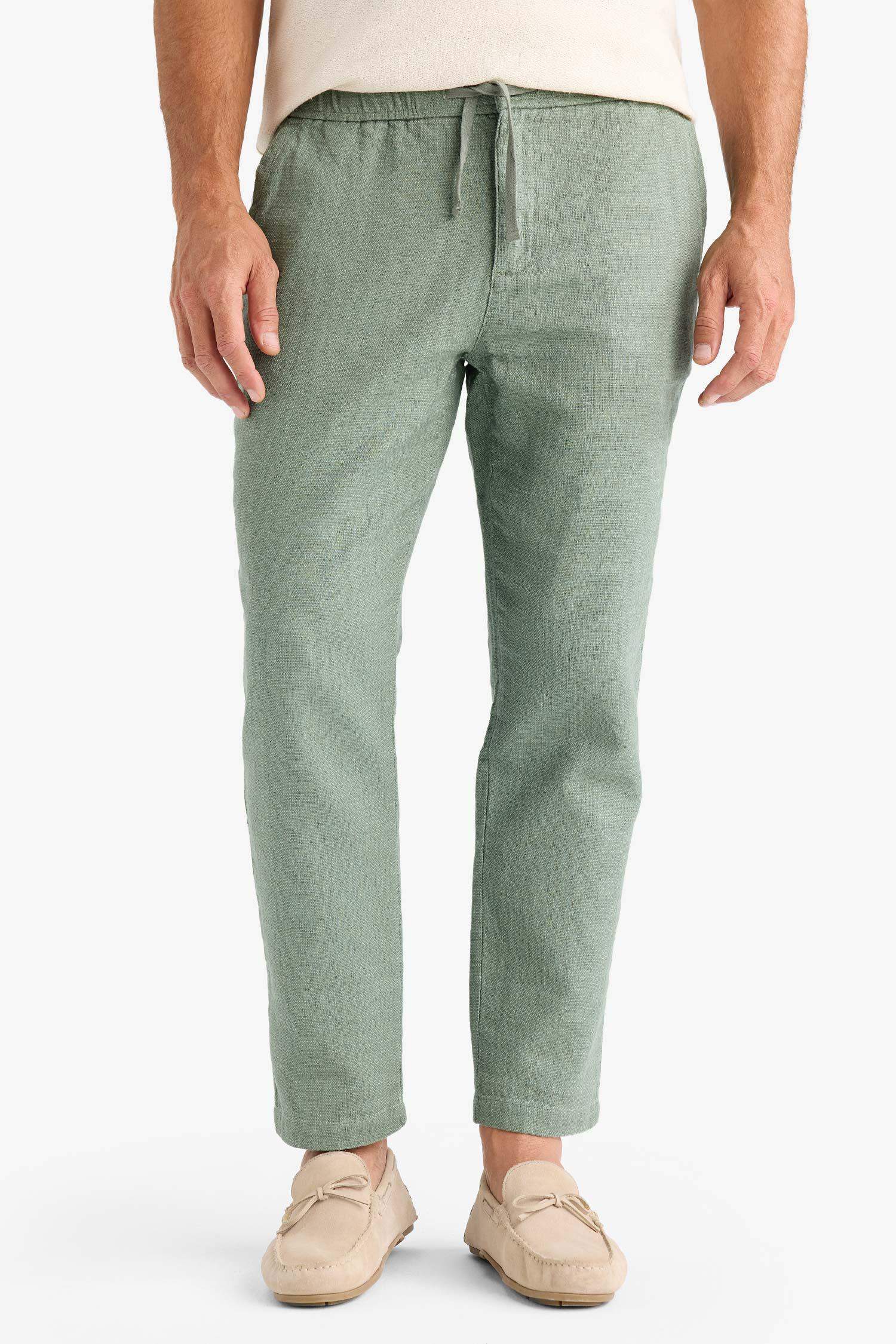 بنطلون جوجر صيفي قطن قصة عادية ذومظهر كتان أخضر فاتح