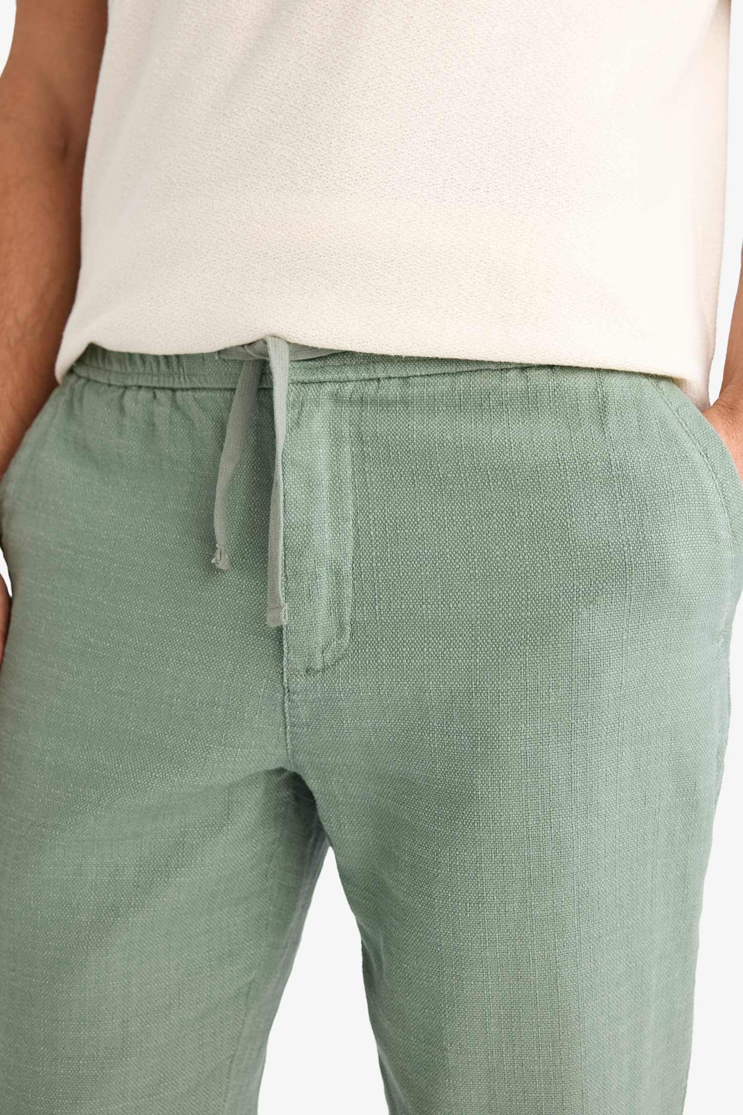 بنطلون جوجر صيفي قطن قصة عادية ذومظهر كتان أخضر فاتح