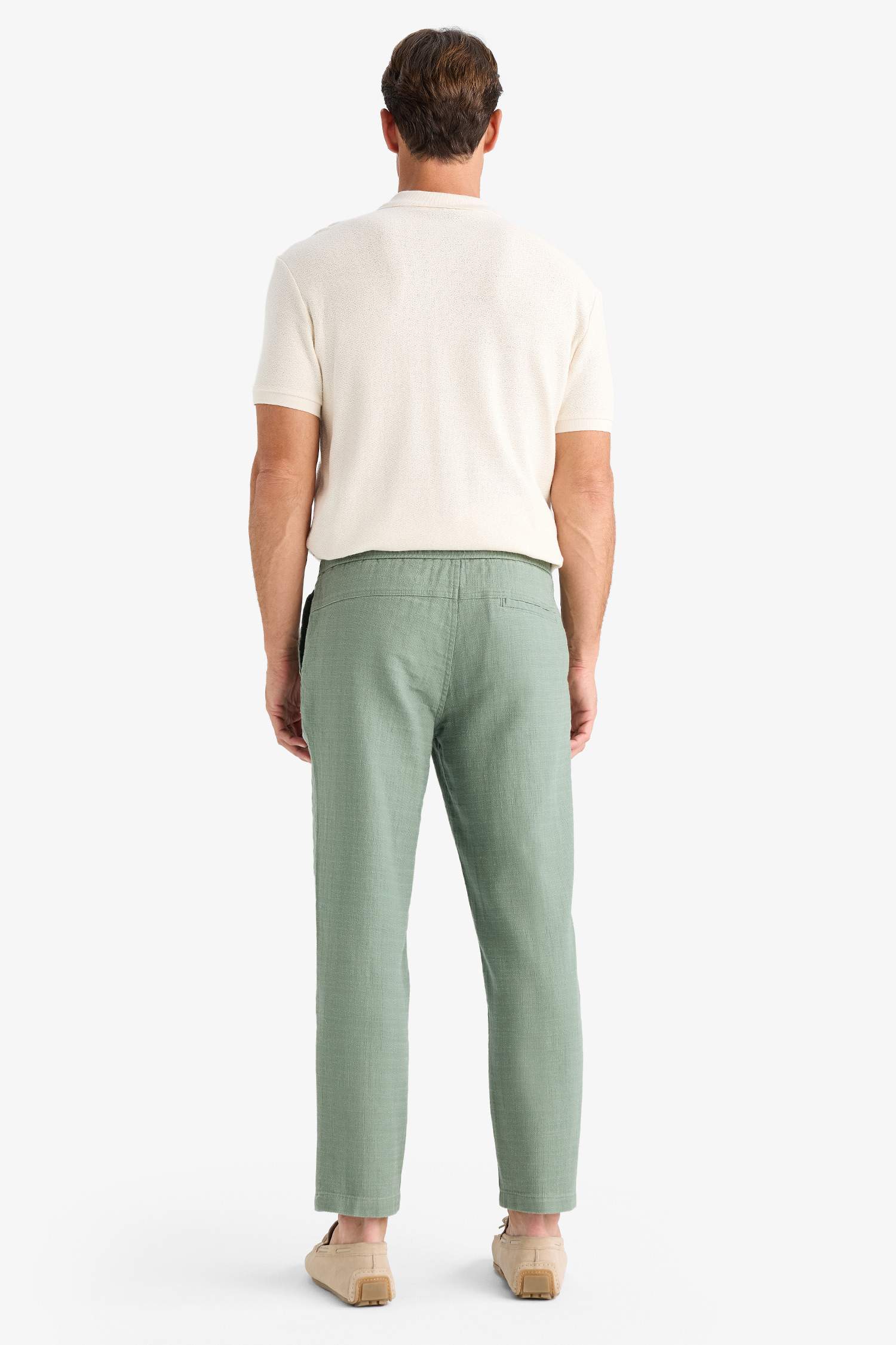 بنطلون جوجر صيفي قطن قصة عادية ذومظهر كتان أخضر فاتح