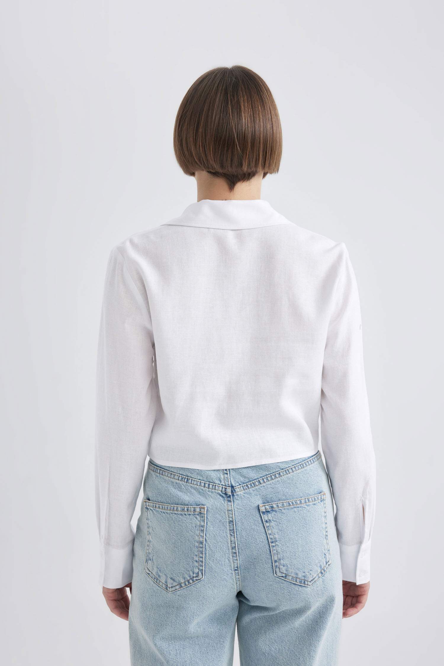 قميص كروب كم طويل ممزوج بالكتان